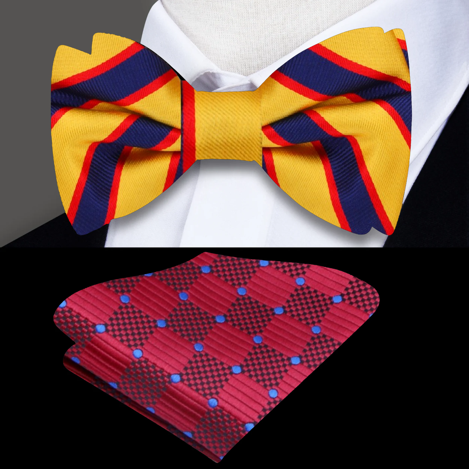 Yellow, Blue, Red Stripe Bow Tie and Accenting Red Pocket Square