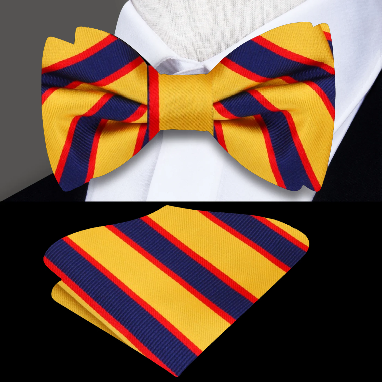 Yellow, Blue, Red Stripe Bow Tie and Pocket Square