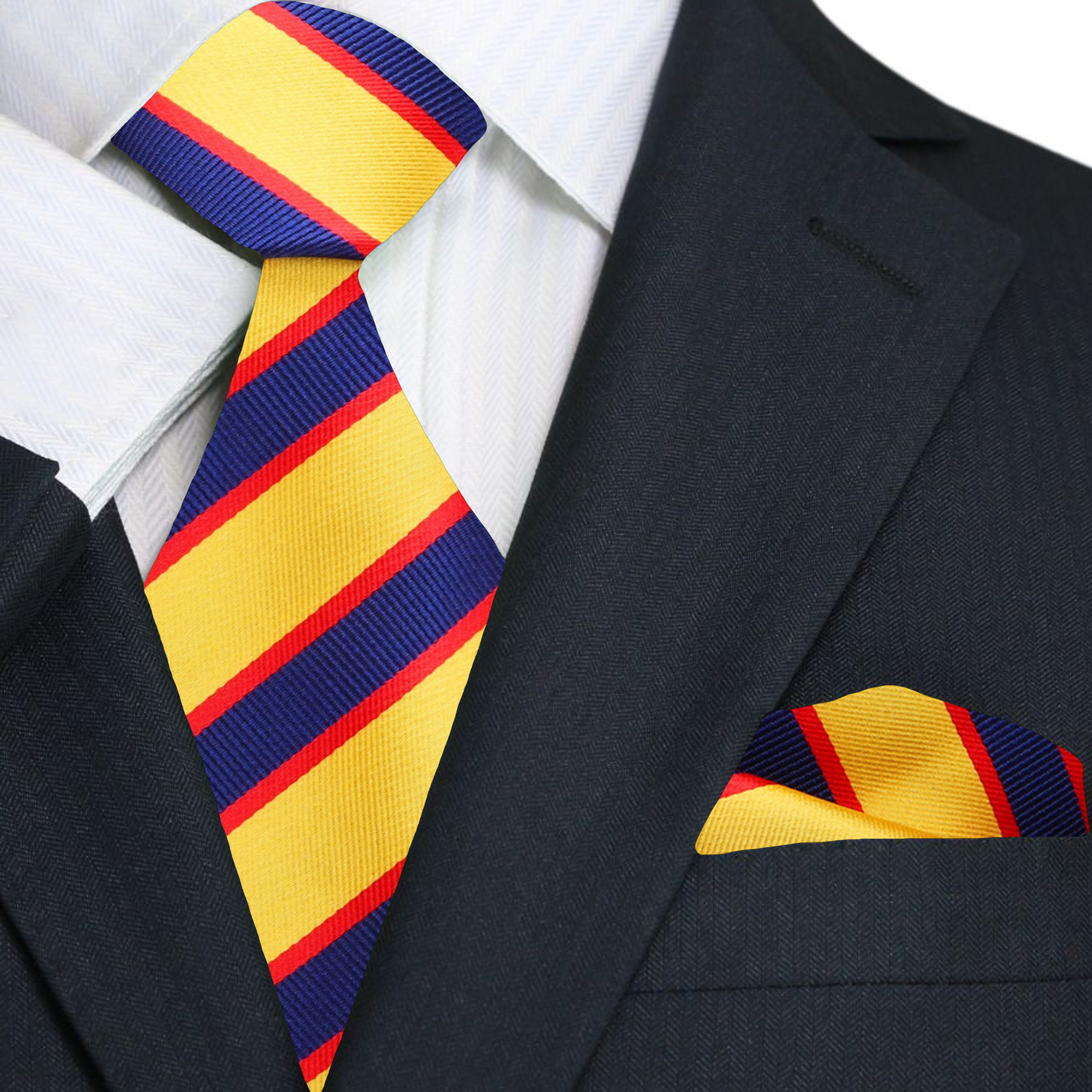 A Dark Blue, Yellow, Red Stripe Pattern  Necktie, With Matching Pocket Square