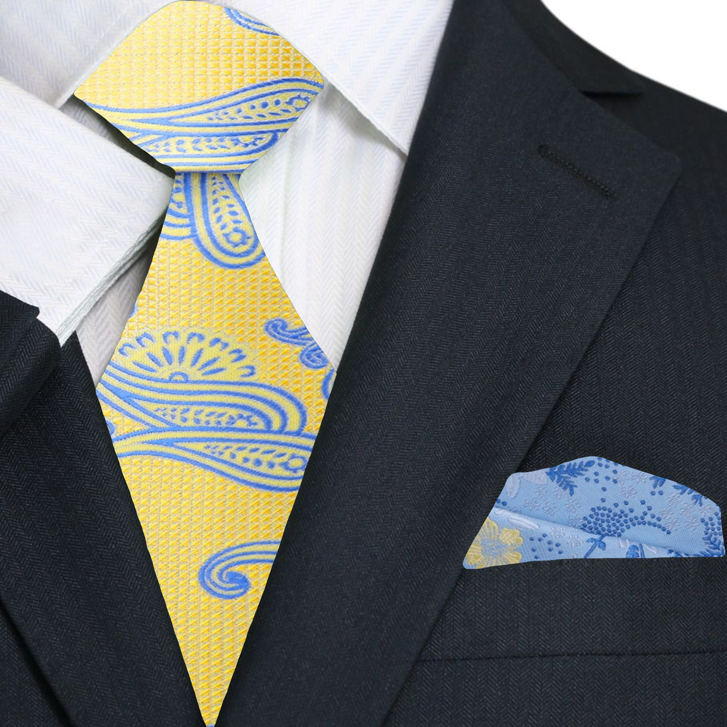 Premium Yellow and Light Blue Paisley Tie and Light Blue, Yellow Floral Square