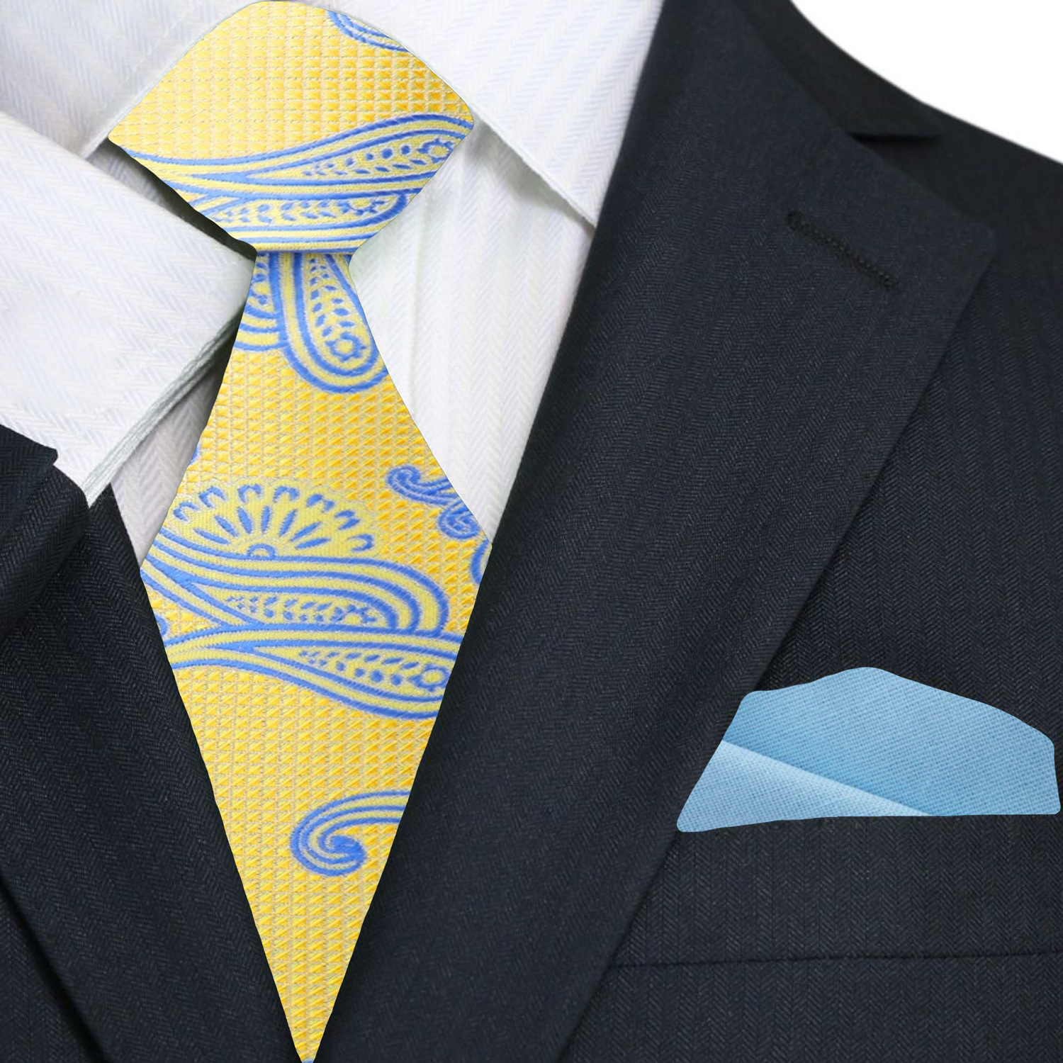 Premium Yellow and Light Blue Paisley Tie and Light Blue Square