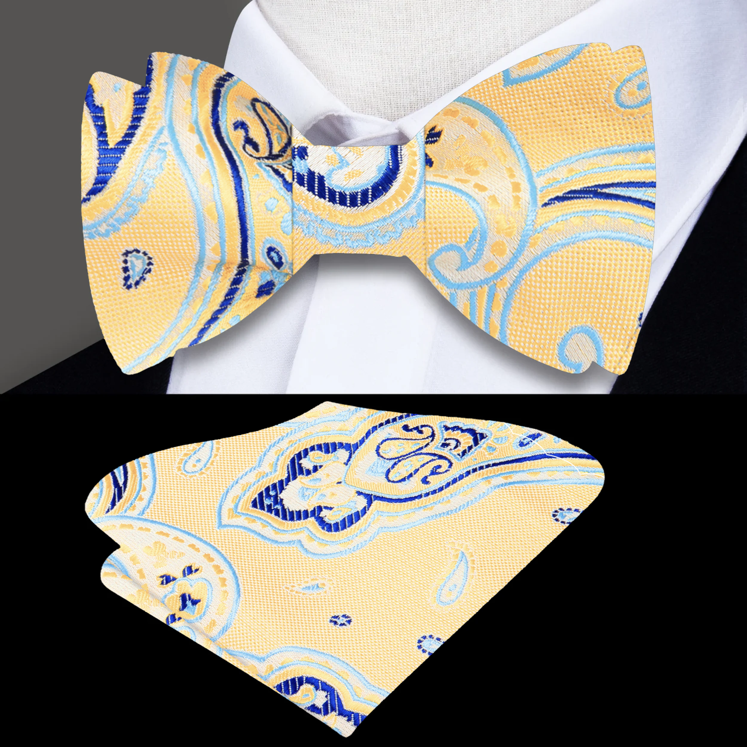 Yellow, Blue Paisley Bow Tie and Matching Square