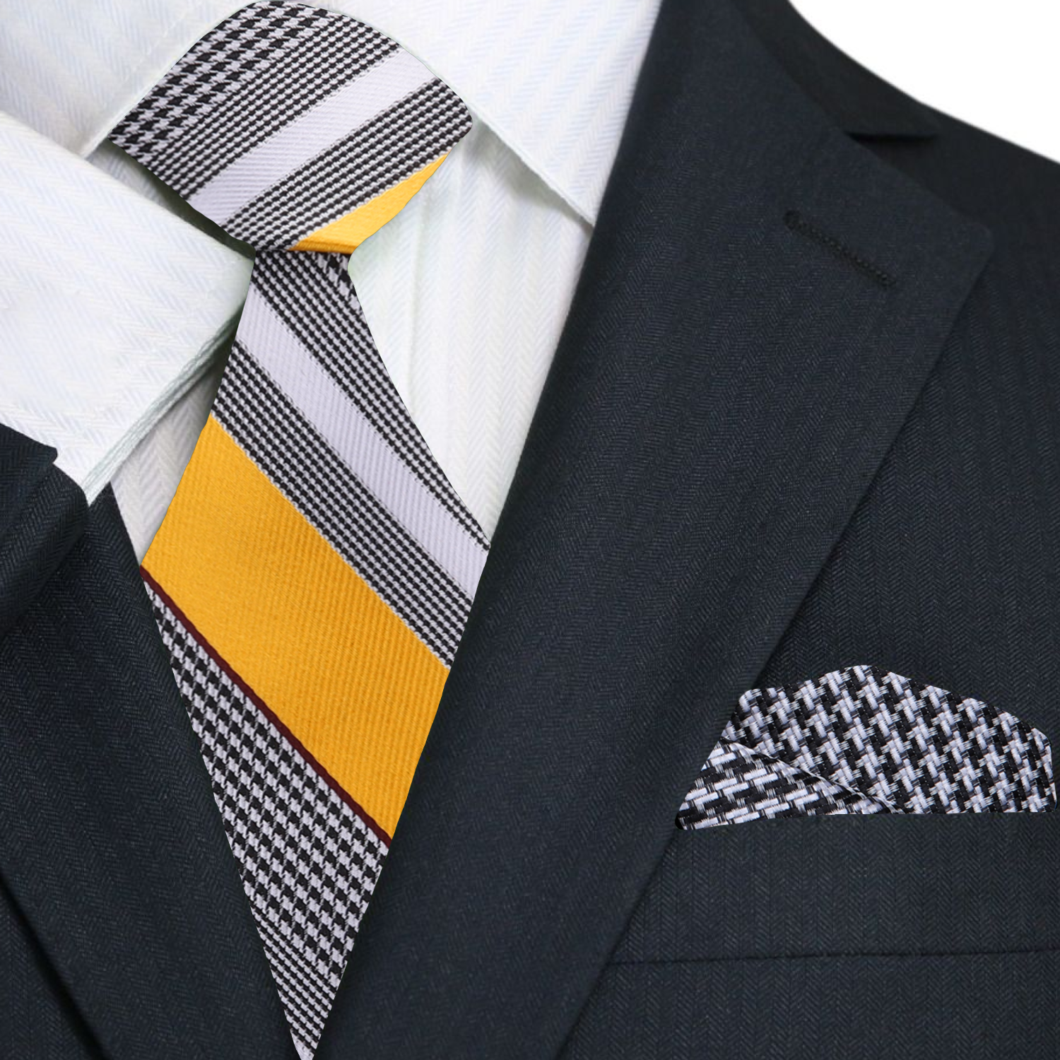 Black suit with a yellow and gray striped tie and matching pocket square.