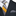 Black suit with a yellow and gray striped tie and matching pocket square.