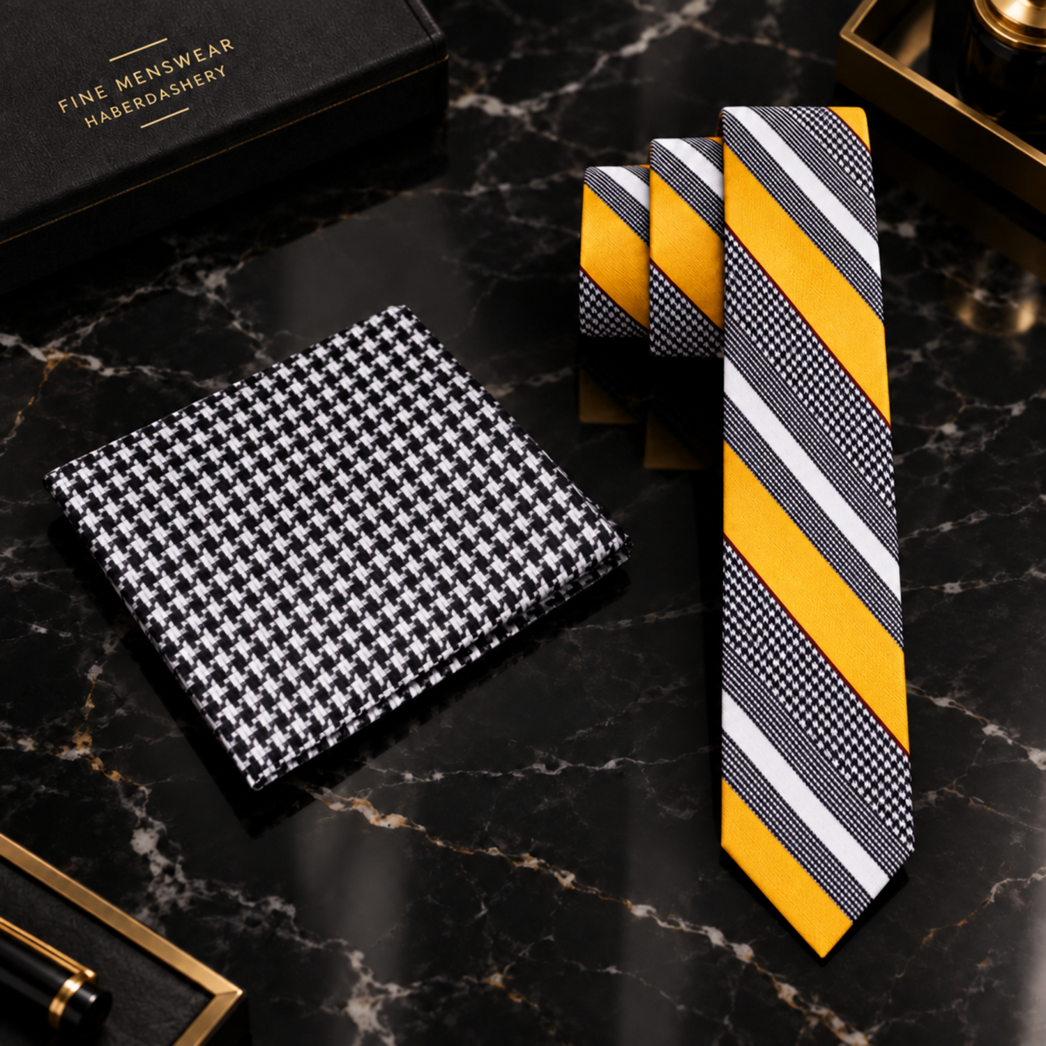 Yellow, gray, and white striped tie with matching pocket square on a black suit jacket.