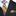 Black suit with a yellow and gray striped tie and matching pocket square.