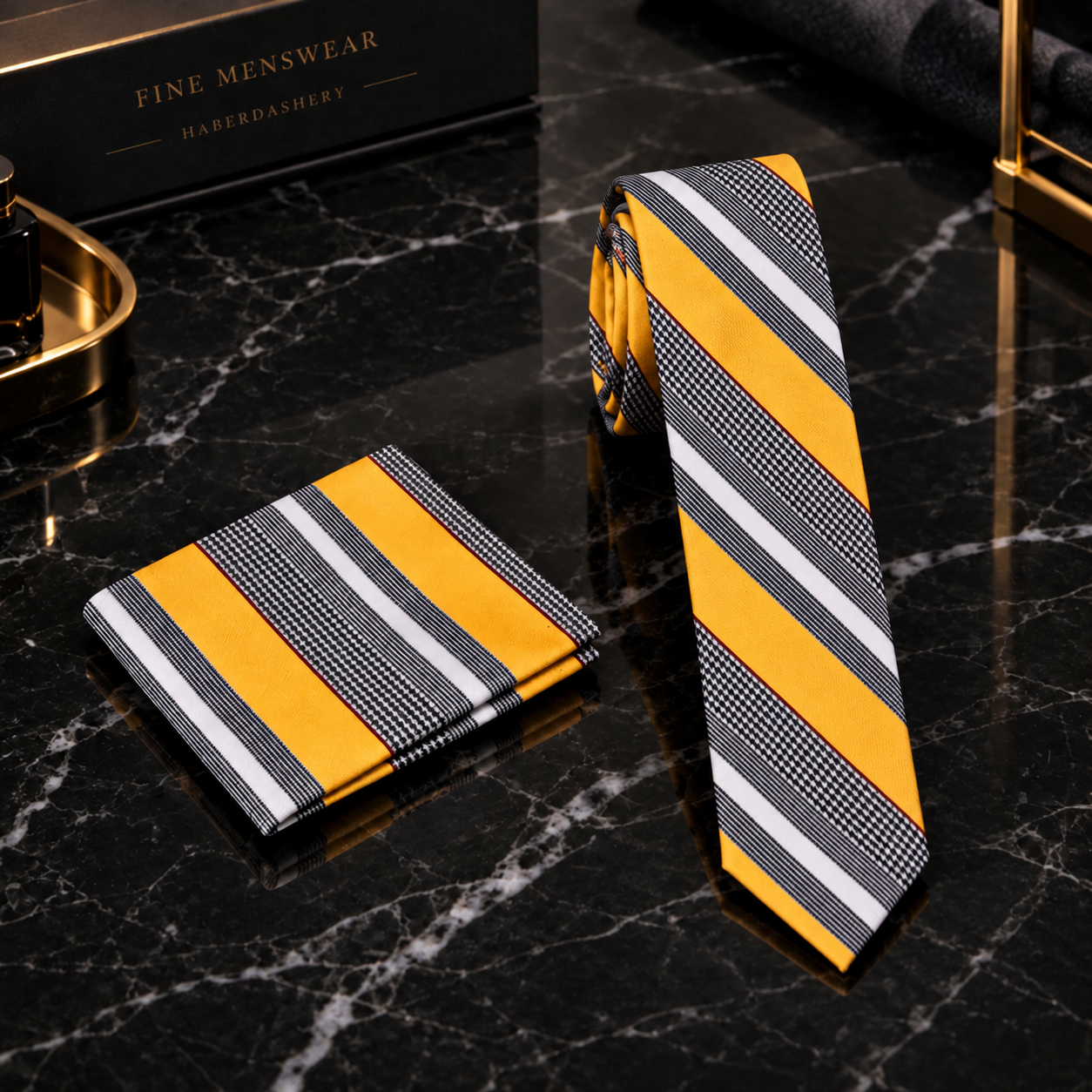 yellow white black thin stripe tie and square