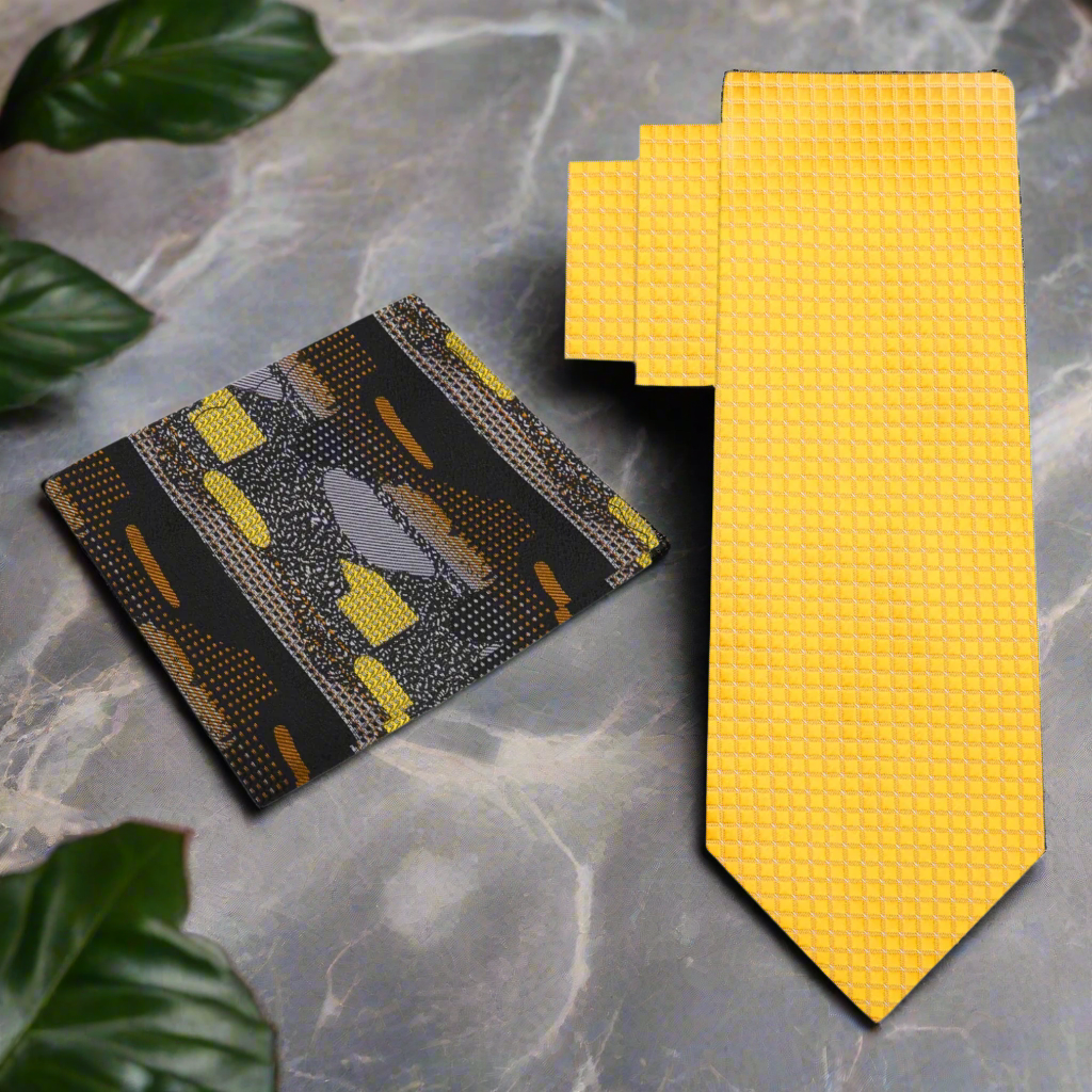 Yellow textured tie with patterned pocket square 2