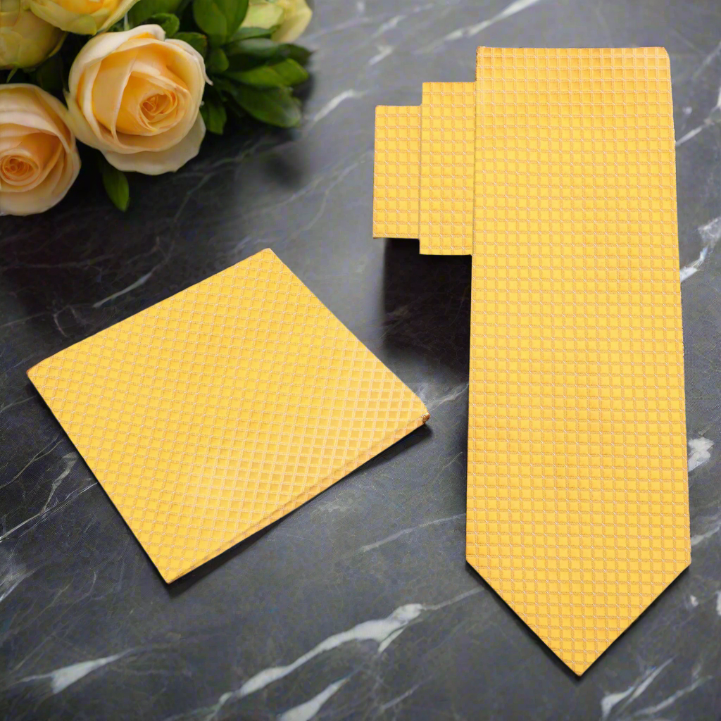 Yellow textured tie and pocket square set 2
