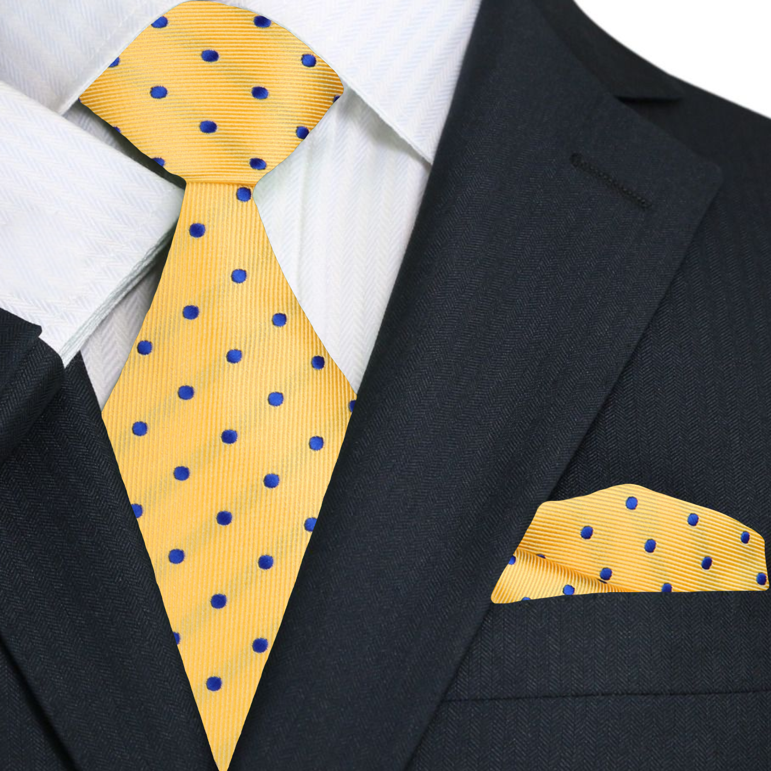 Yellow tie with blue polka dots and matching pocket square on a black suit jacket.