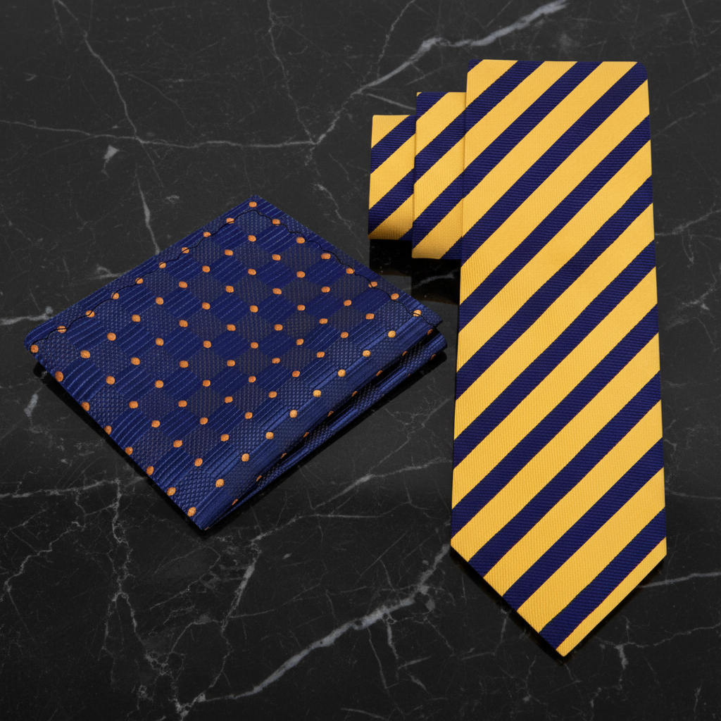 Navy and yellow striped tie with matching pocket square