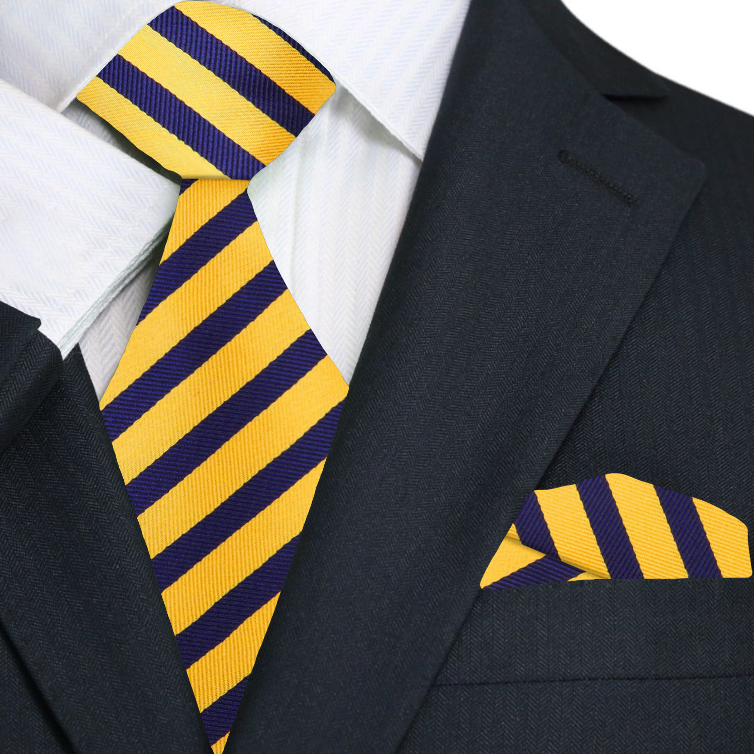 Navy and yellow striped tie and pocket square on a suit jacket
