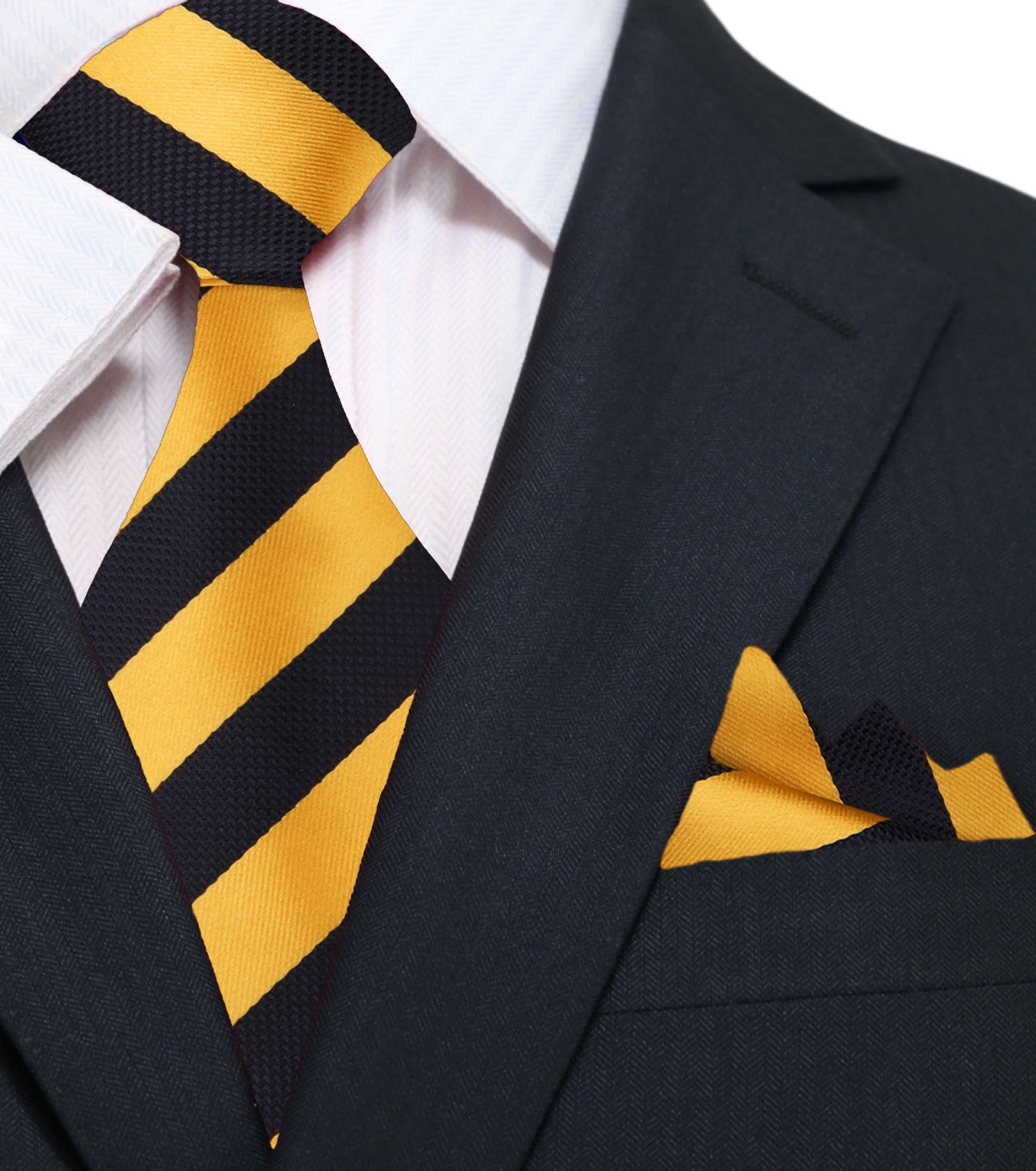 Main: Black, Yellow Gold Stripe Tie and Pocket Square||Yellow Gold, Black