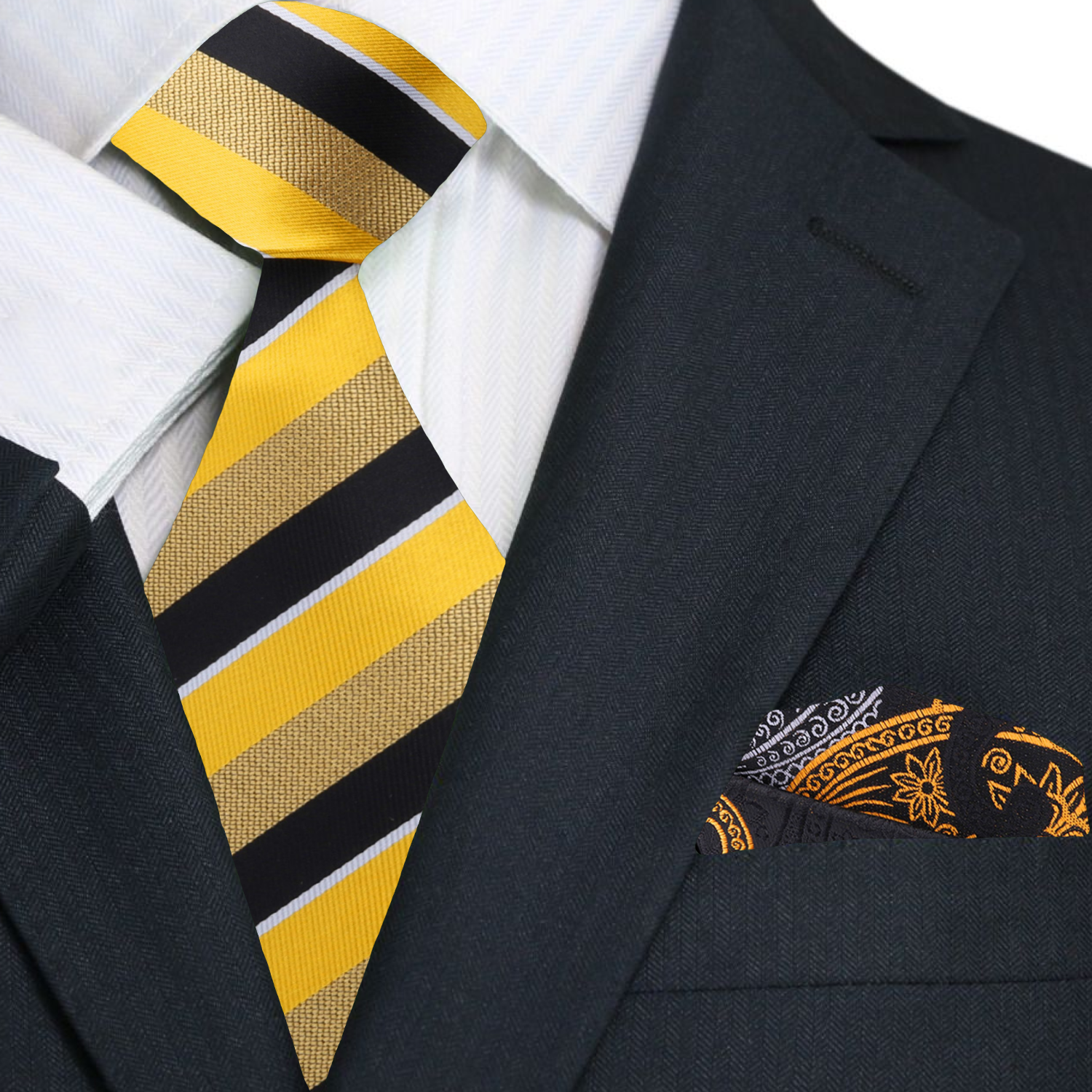 Yellow Gold, Black & Light Silver Stripe Necktie | Bold & Refined Formal Accessory Necktie & Square / 60" inches Yellow Gold, Black & Light Silver Stripe Necktie | Bold & Refined Formal Accessory Necktie & Square / 60" inches