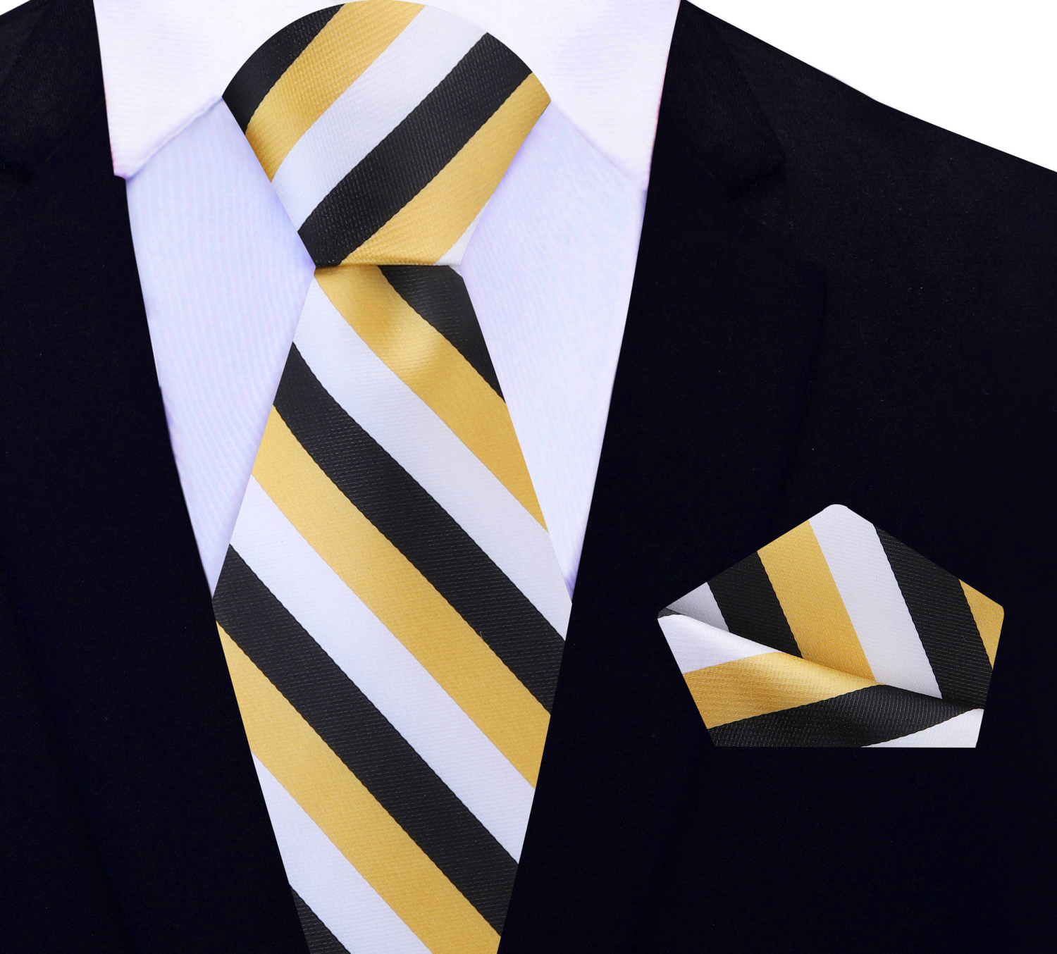 Gold, White, Black Stripe Tie and Grey Square View 2