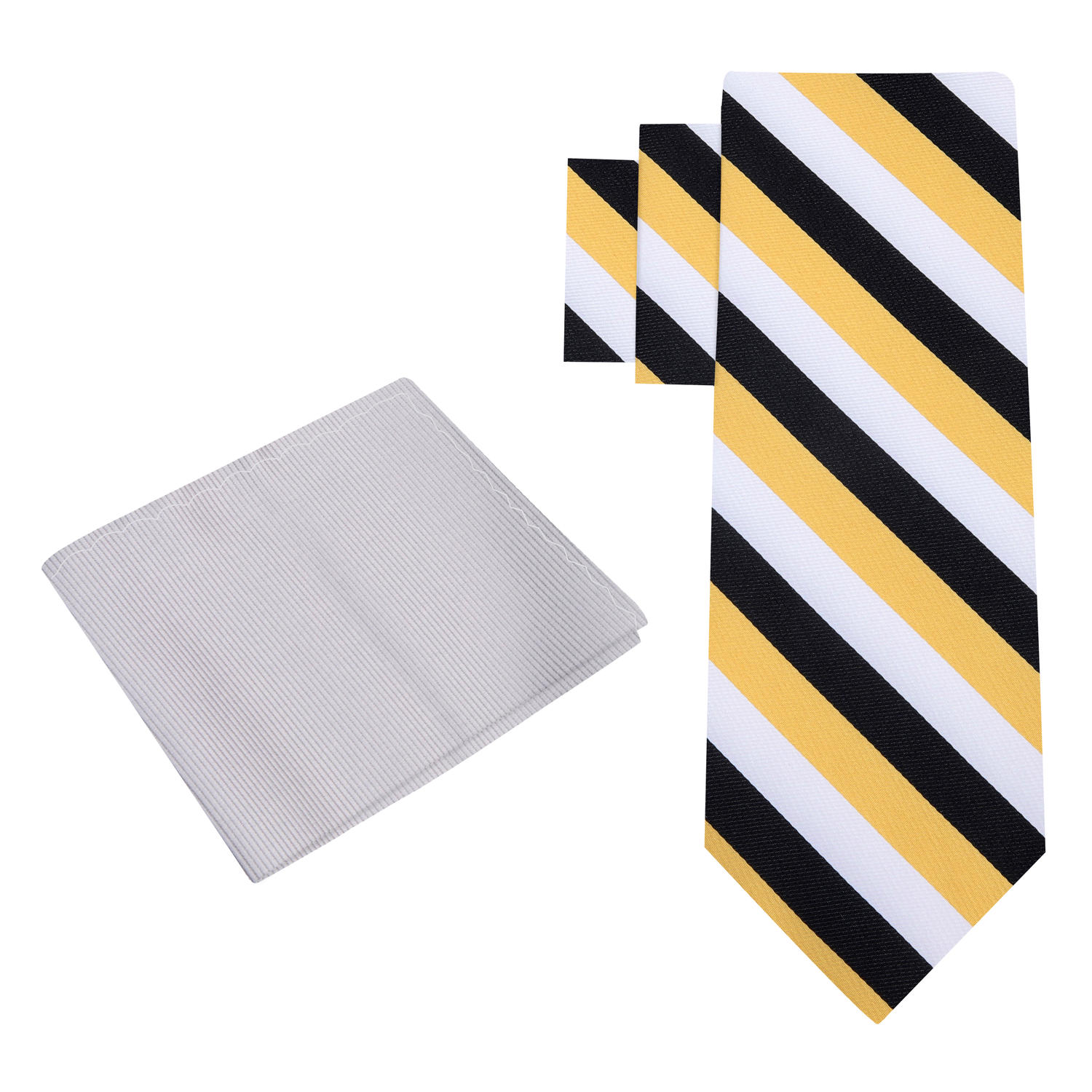 Alt View Tie: Gold, White, Black Stripe Tie and Grey Square