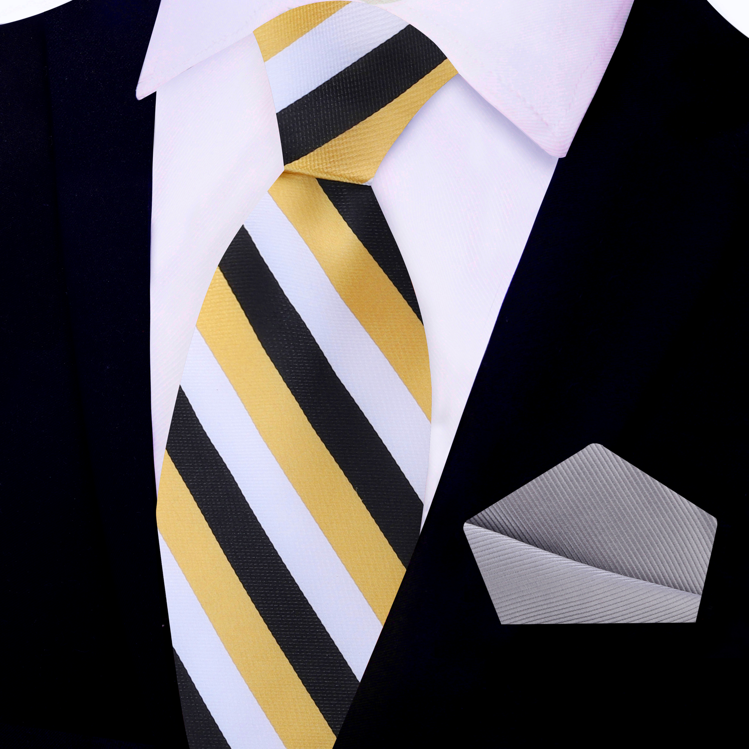 Gold, White, Black Stripe Tie and Grey Square