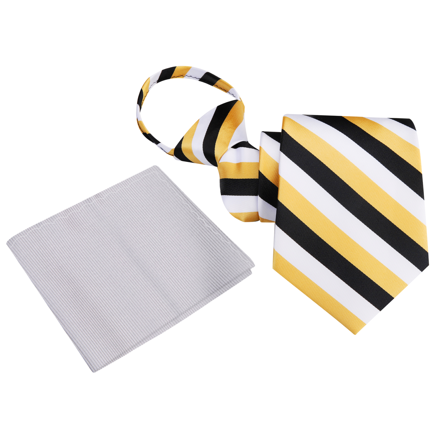 Zipper Tie: Gold, White, Black Stripe Tie and Grey Square