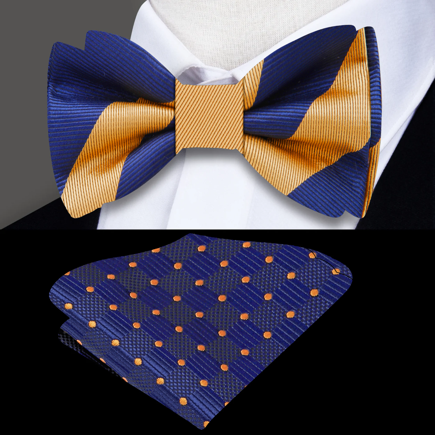 Main A Rich Gold And Deep Blue With Thick Stripe Pattern Silk Self Tie Bow Tie With Accenting Pocket Square