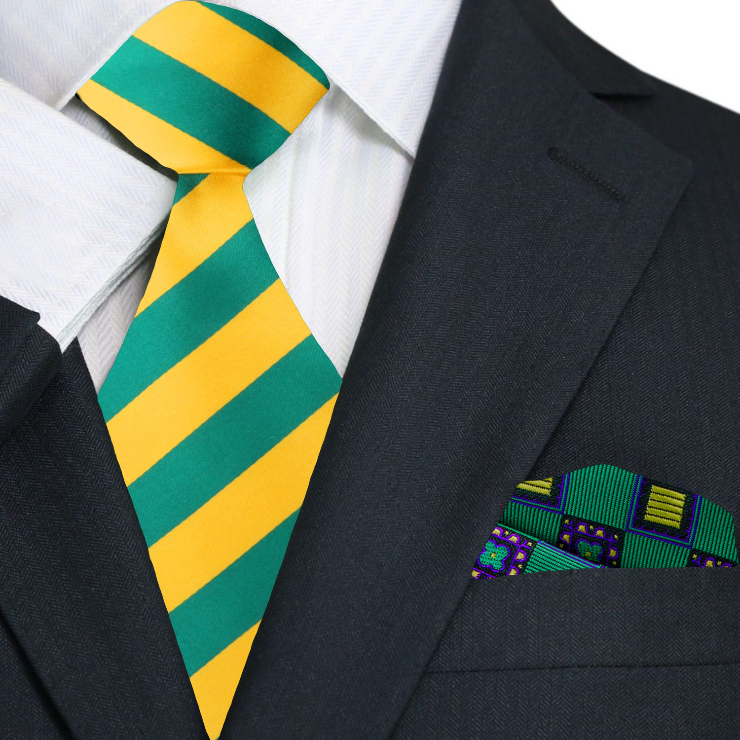 Green and yellow striped tie with matching pocket square on a suit jacket