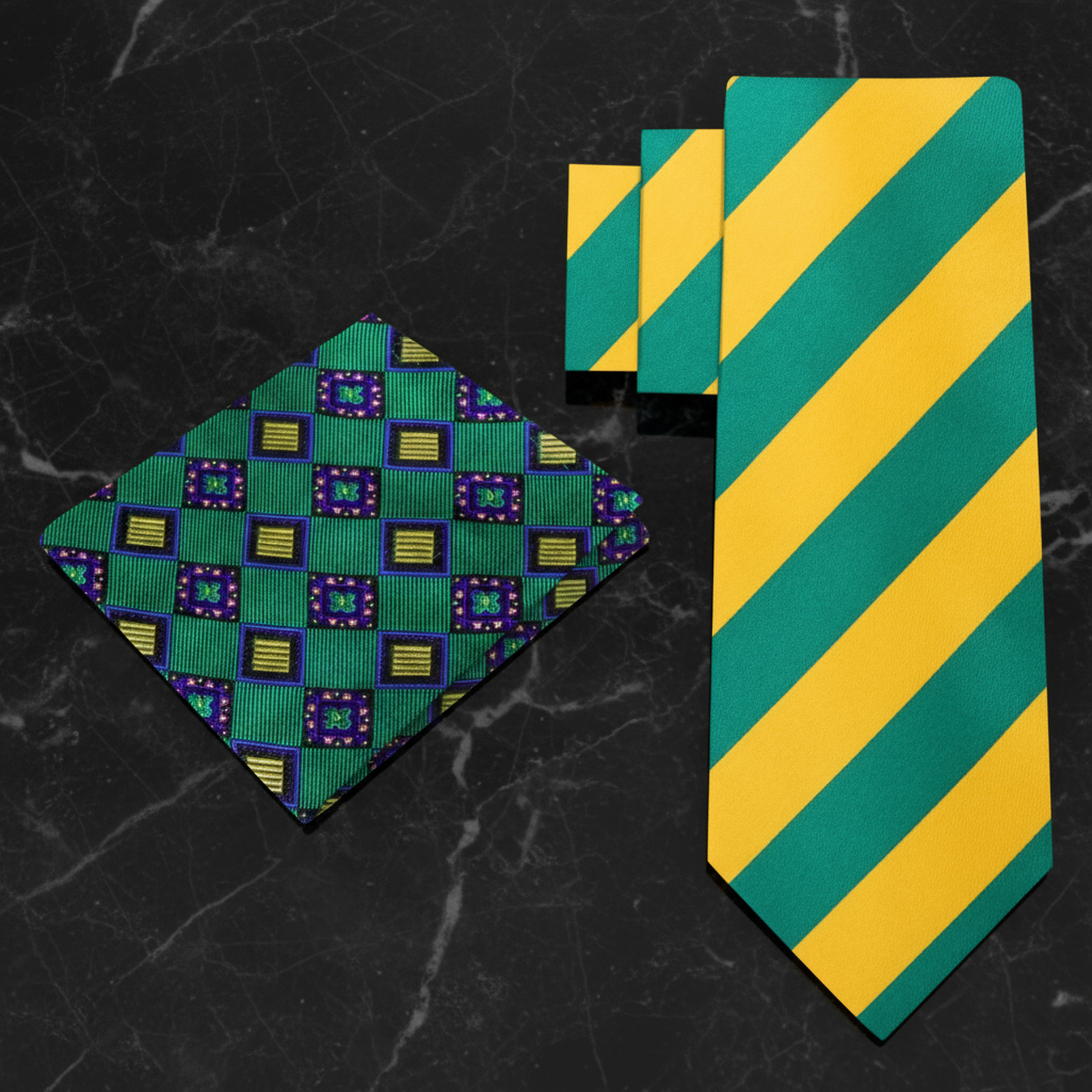 Green and yellow striped tie with patterned pocket square on a white background