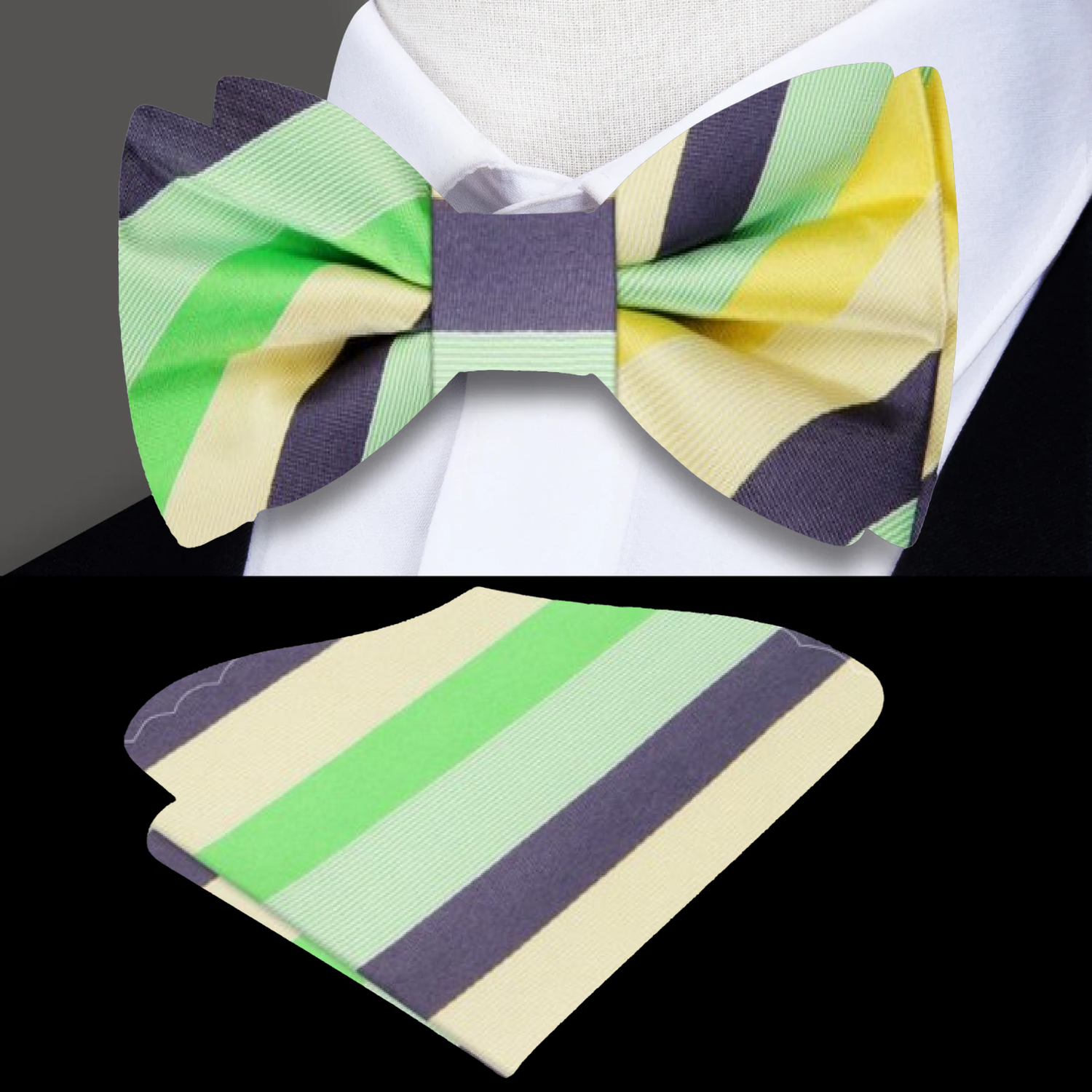 Green, Yellow, Grey stripe bow tie and square||Green, Yellow, Grey