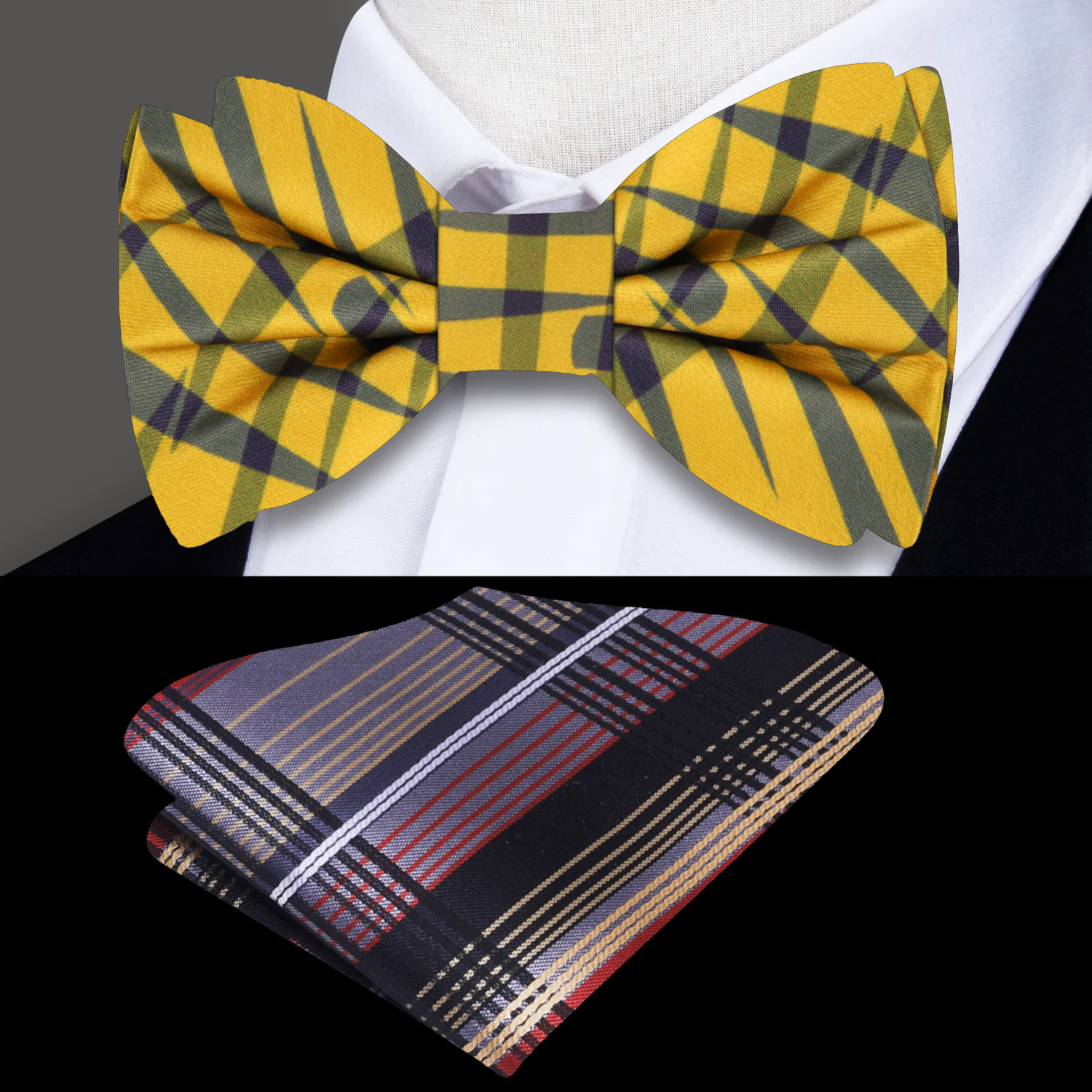 Yellow Grey Plaid Bow Tie and Accenting Pocket Square