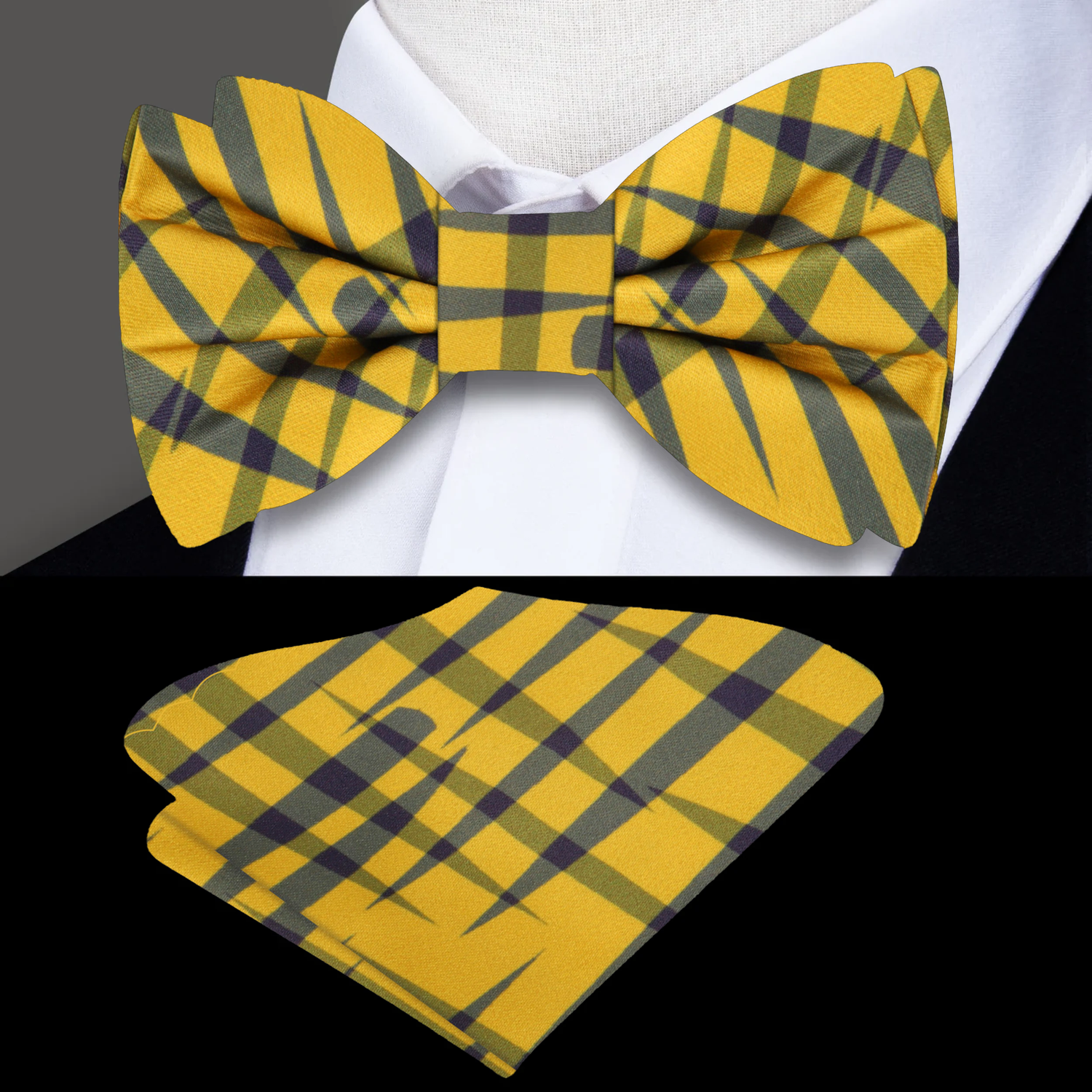 Yellow Grey Plaid Bow Tie and Pocket Square