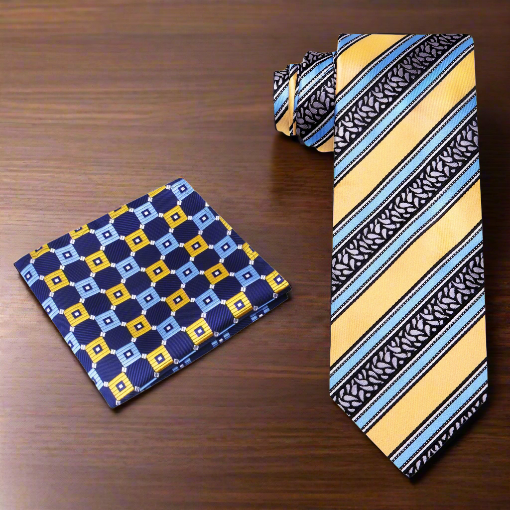 Alt Yellow, Grey and Light Blue Stripe Tie and Accenting pocket Square