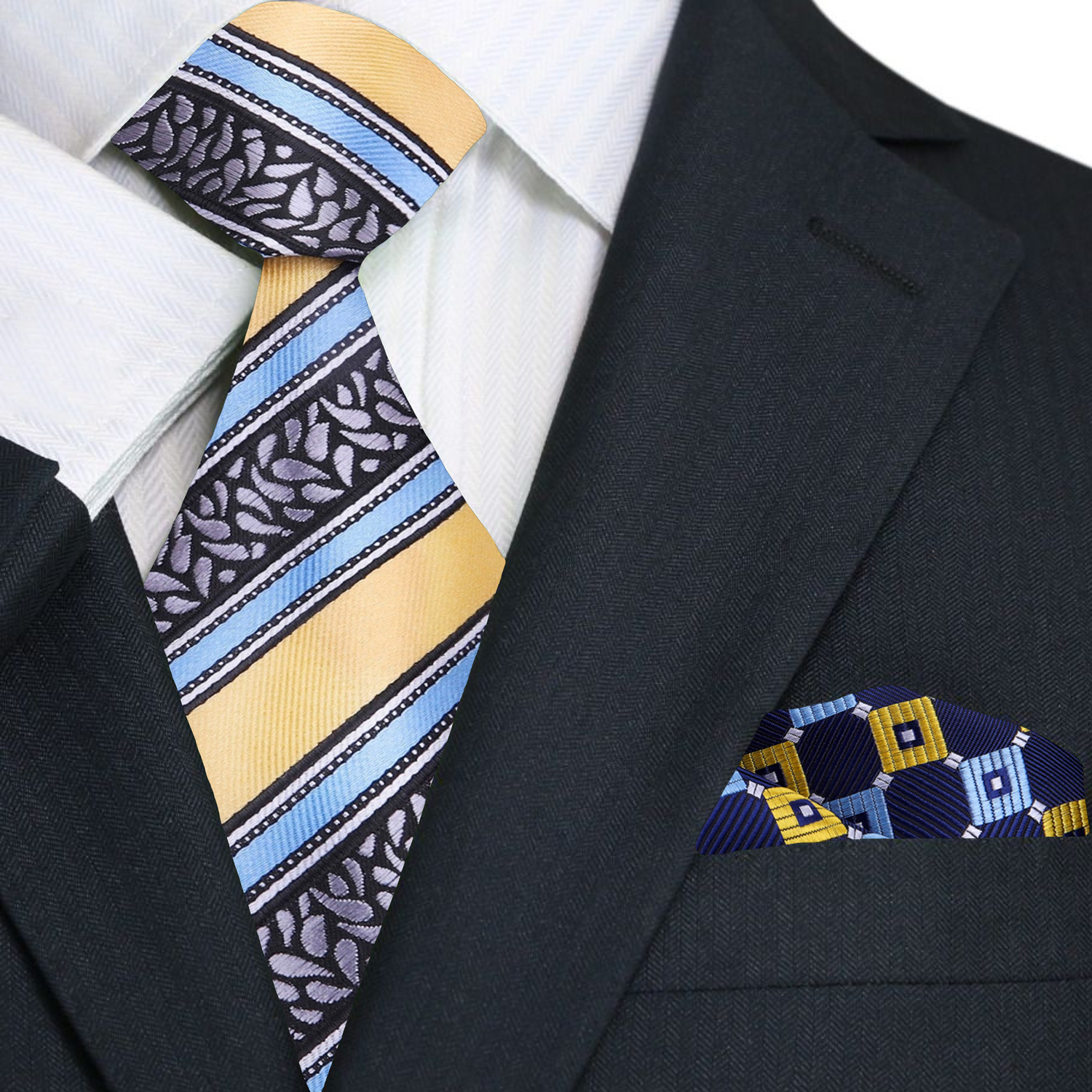 Yellow, Grey and Light Blue Stripe Tie and Accenting pocket Square