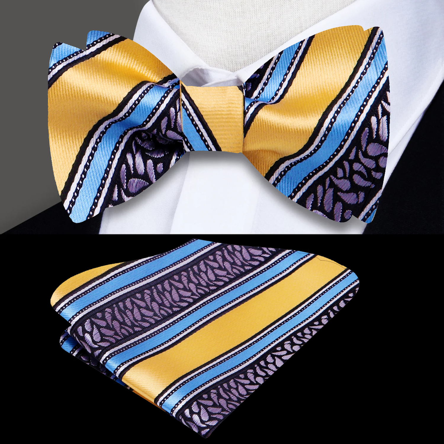 A Yellow, Light Blue, Black Stripe Paisley Pattern Silk bow tie, Matching Pocket Square