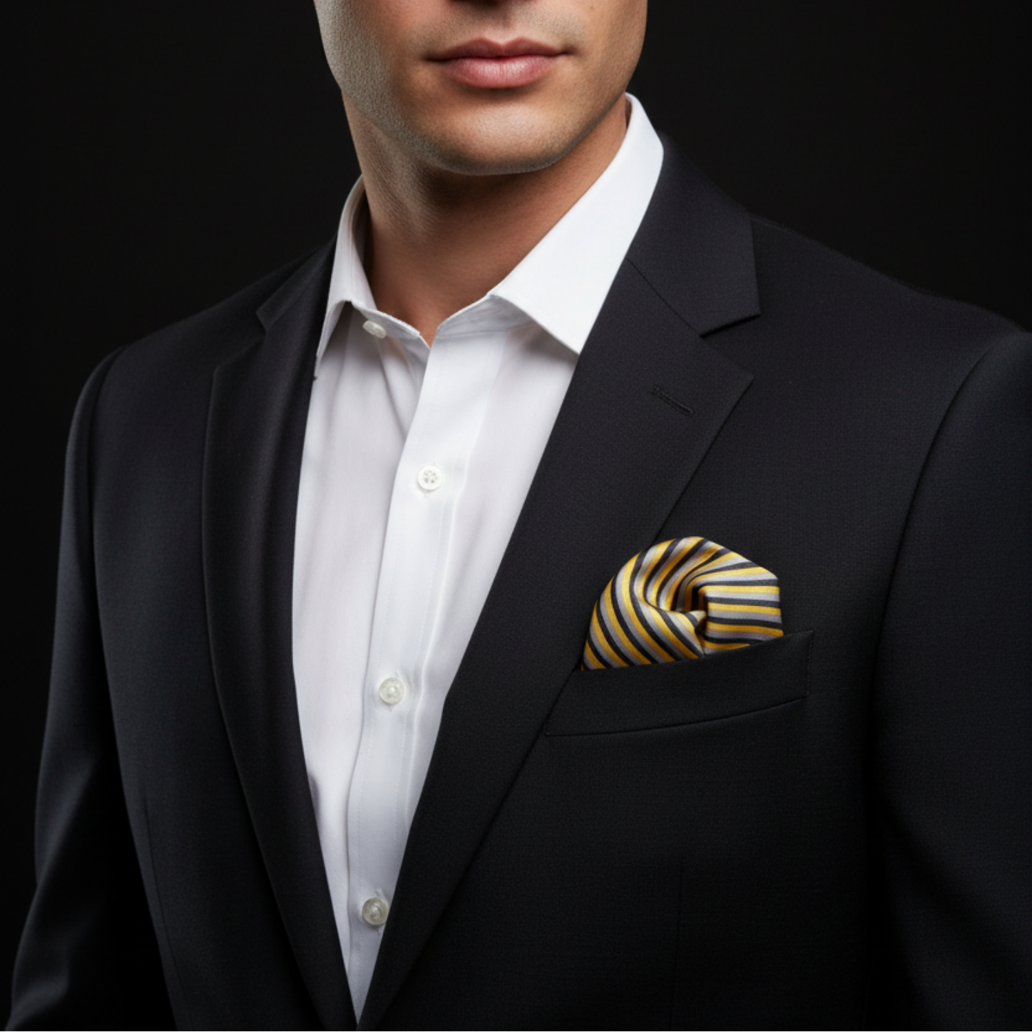 Black, Yellow Gold & Grey Stripe Pocket Square