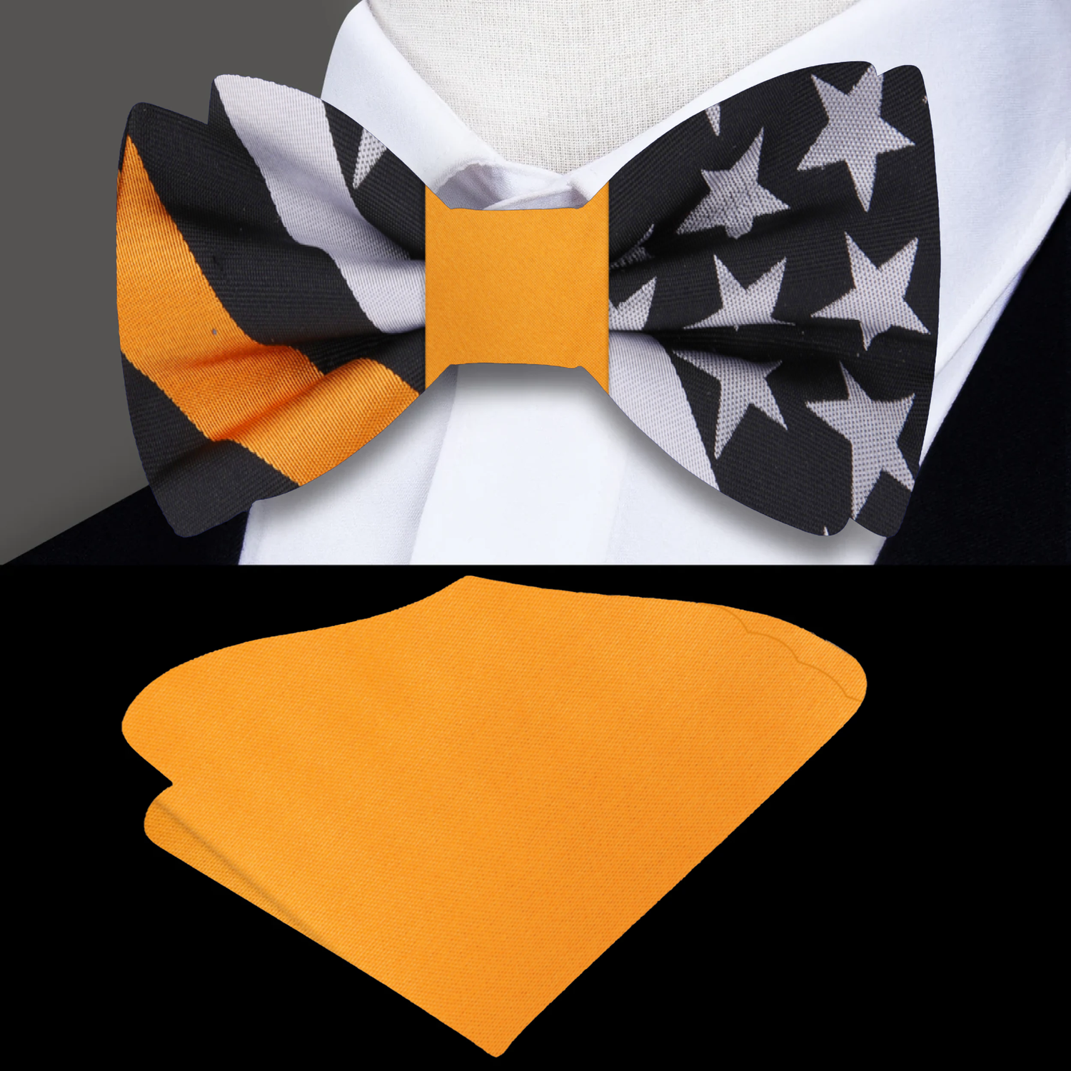 Main: Black, Grey, Yellow Flag Pattern Bow Tie and Yellow Pocket Square