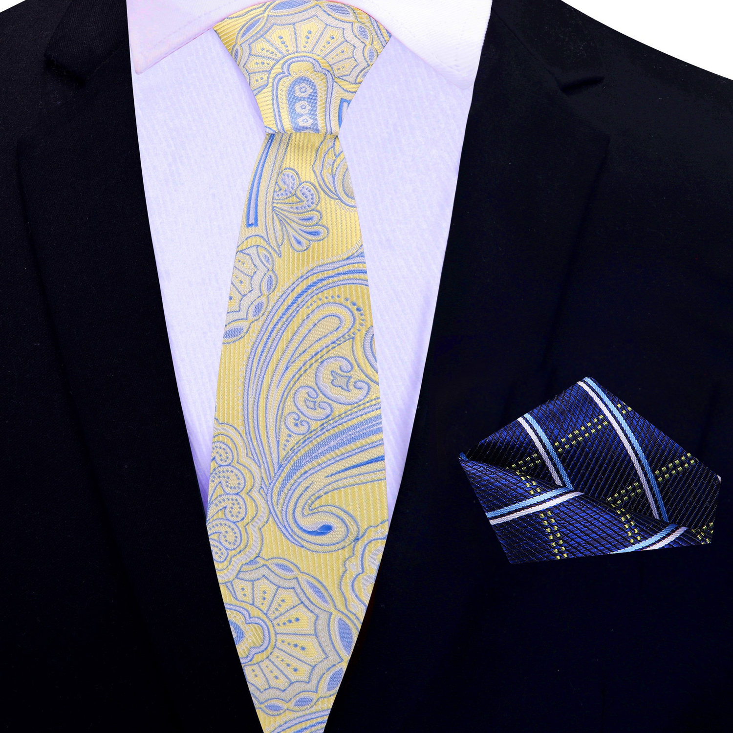 Thin A Yellow and Blue Paisley Tie and Accenting Pocket Square