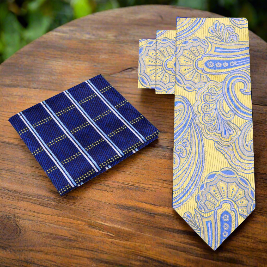 Alt A Yellow and Blue Paisley Tie and Accenting Pocket Square