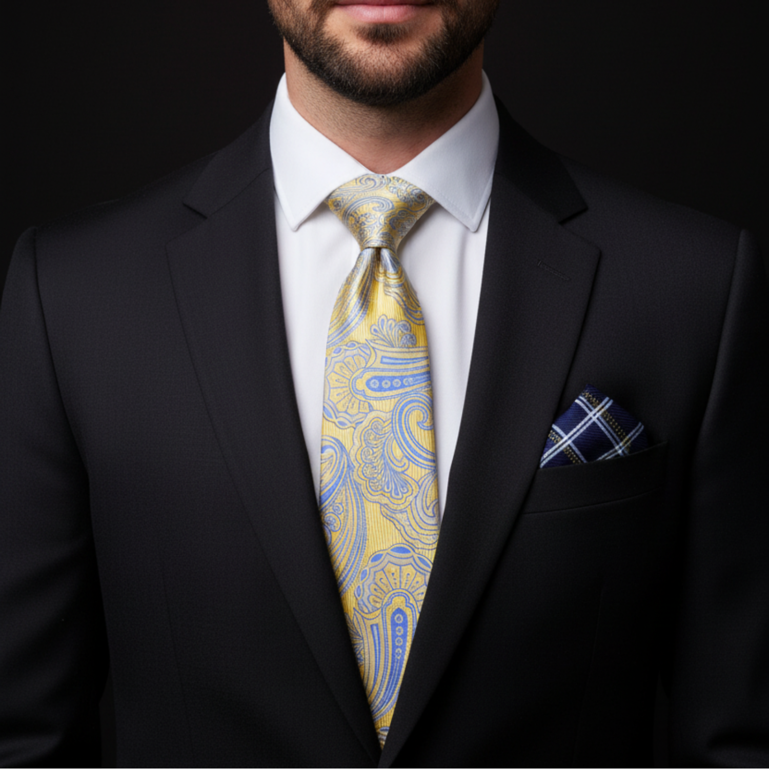 Man wearing a black suit with a yellow paisley tie and blue pocket square on a dark background