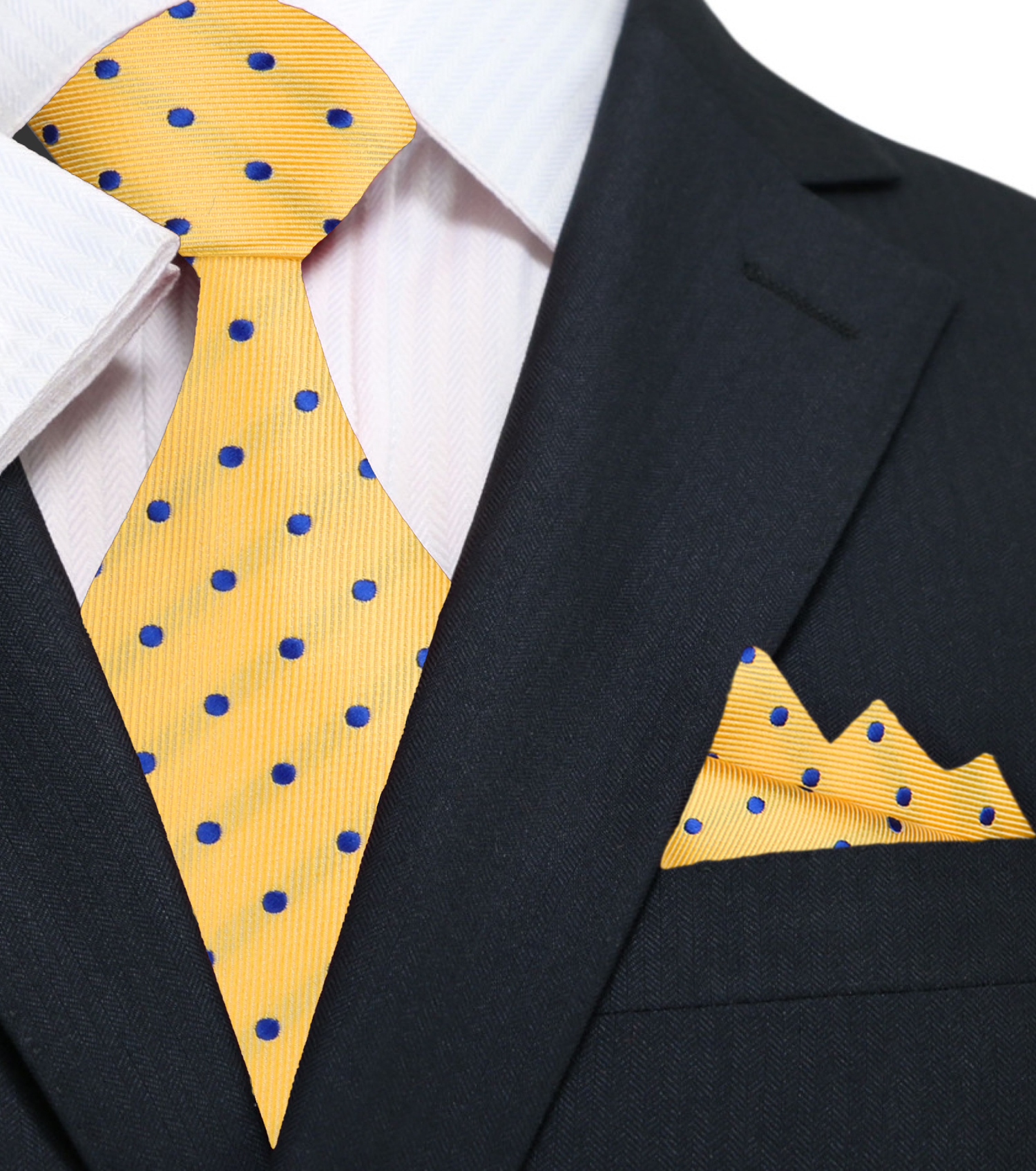 A Yellow, Purple Small Polka Dots Pattern Silk Necktie, Matching Pocket Square||Yellow with Blue Dots