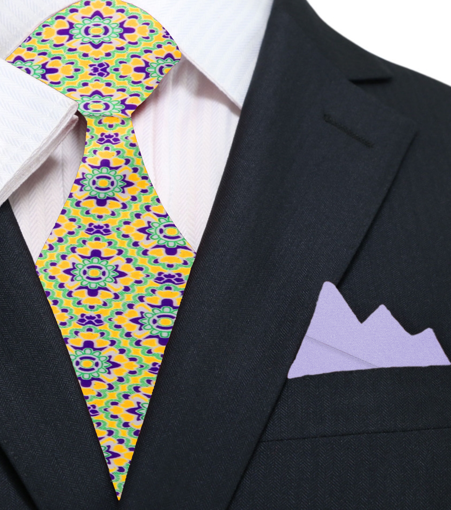 Yellow, Green, Purple Mosaic Necktie and Light Purple Square