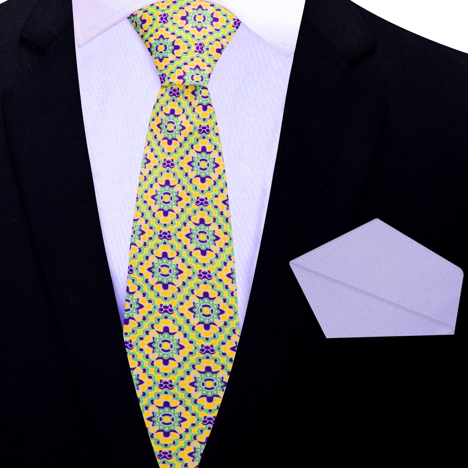 Thin Tie: Yellow, Green, Purple Mosaic Necktie and Light Purple Square