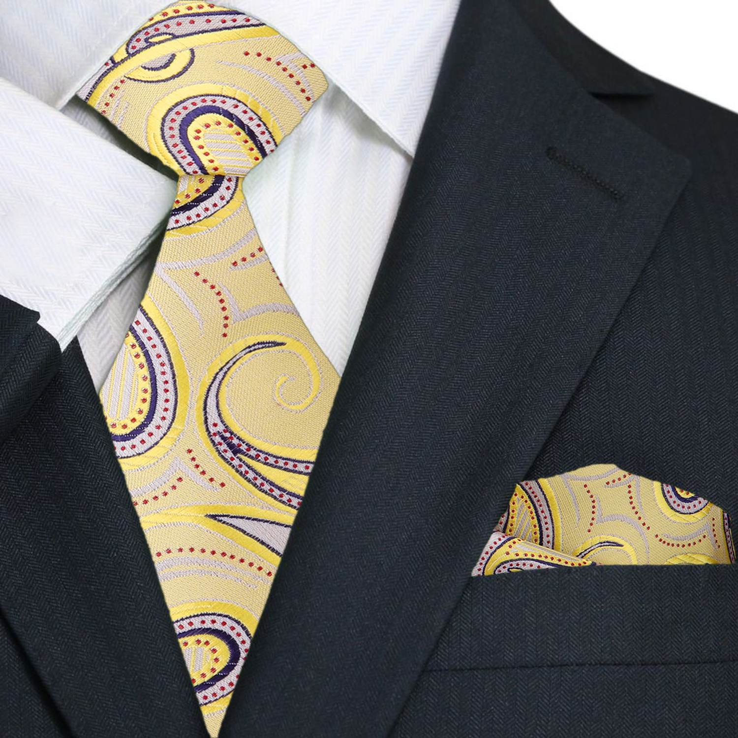 Main: A Light Gold, Yellow, Ruby Paisley Pattern Silk Necktie, With Matching Pocket Square