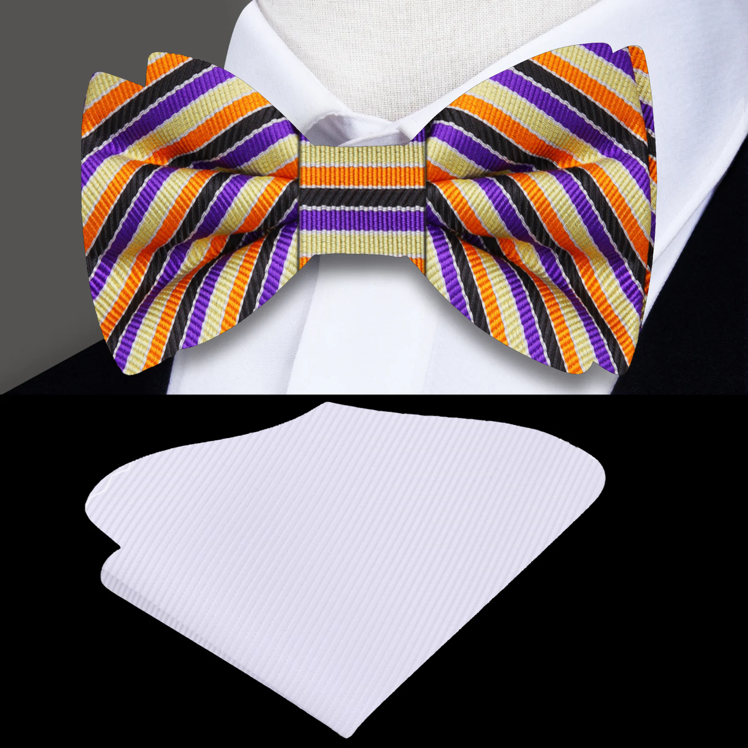A Black Purple, Orange, Cream Color Stripe Pattern Silk Bow Tie, Pocket Square