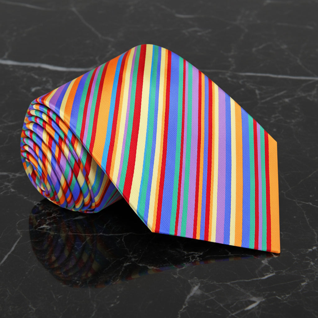Colorful striped tie on a white background