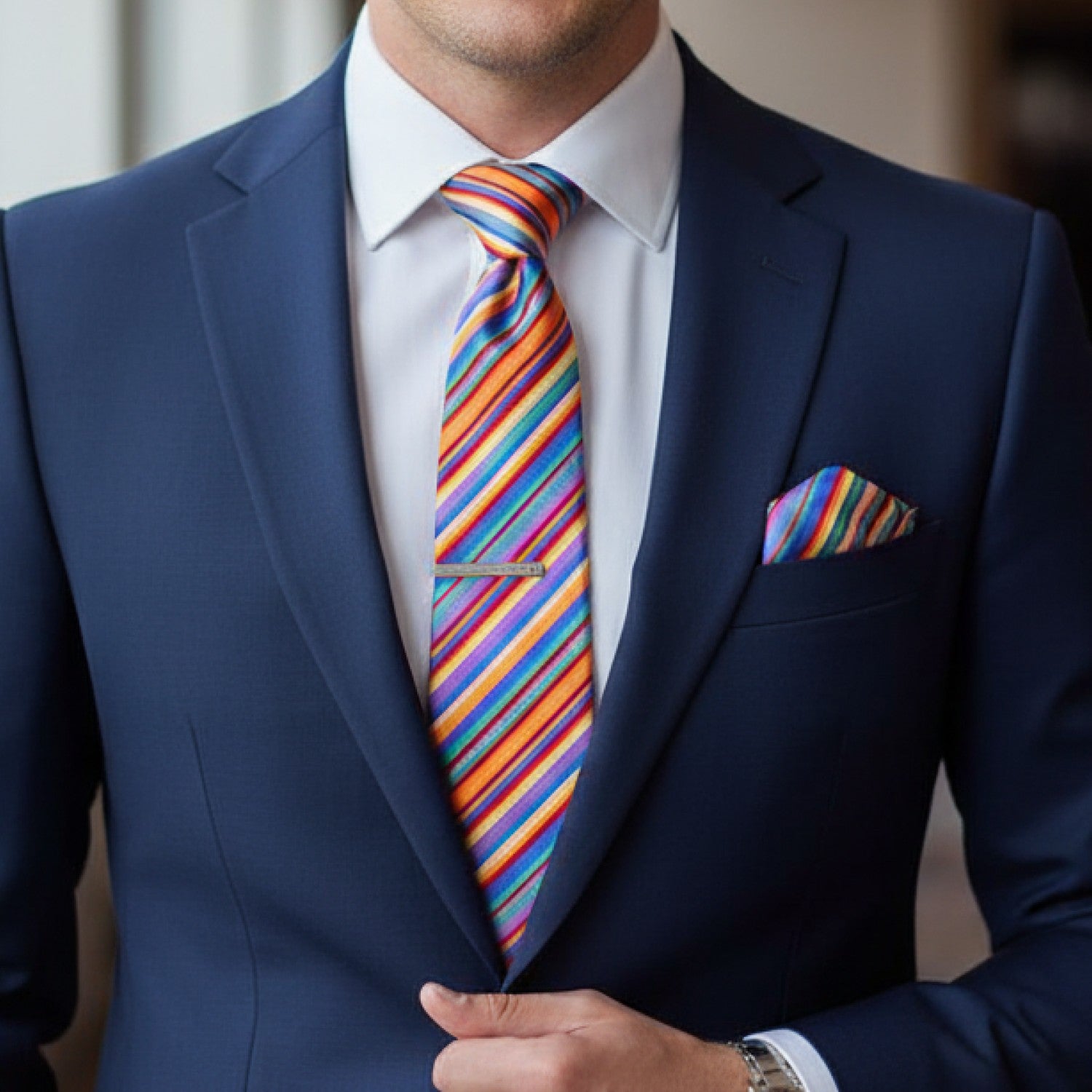 Man wearing a blue suit with a colorful striped tie and matching pocket square.