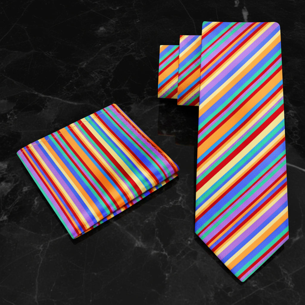 Colorful striped tie and pocket square set on a white background