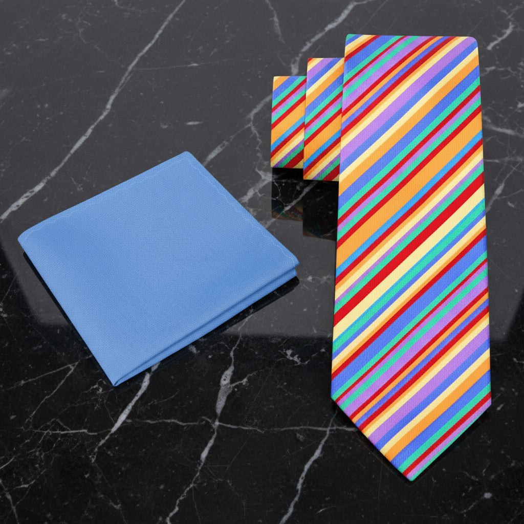Colorful striped tie with a blue pocket square on a white background