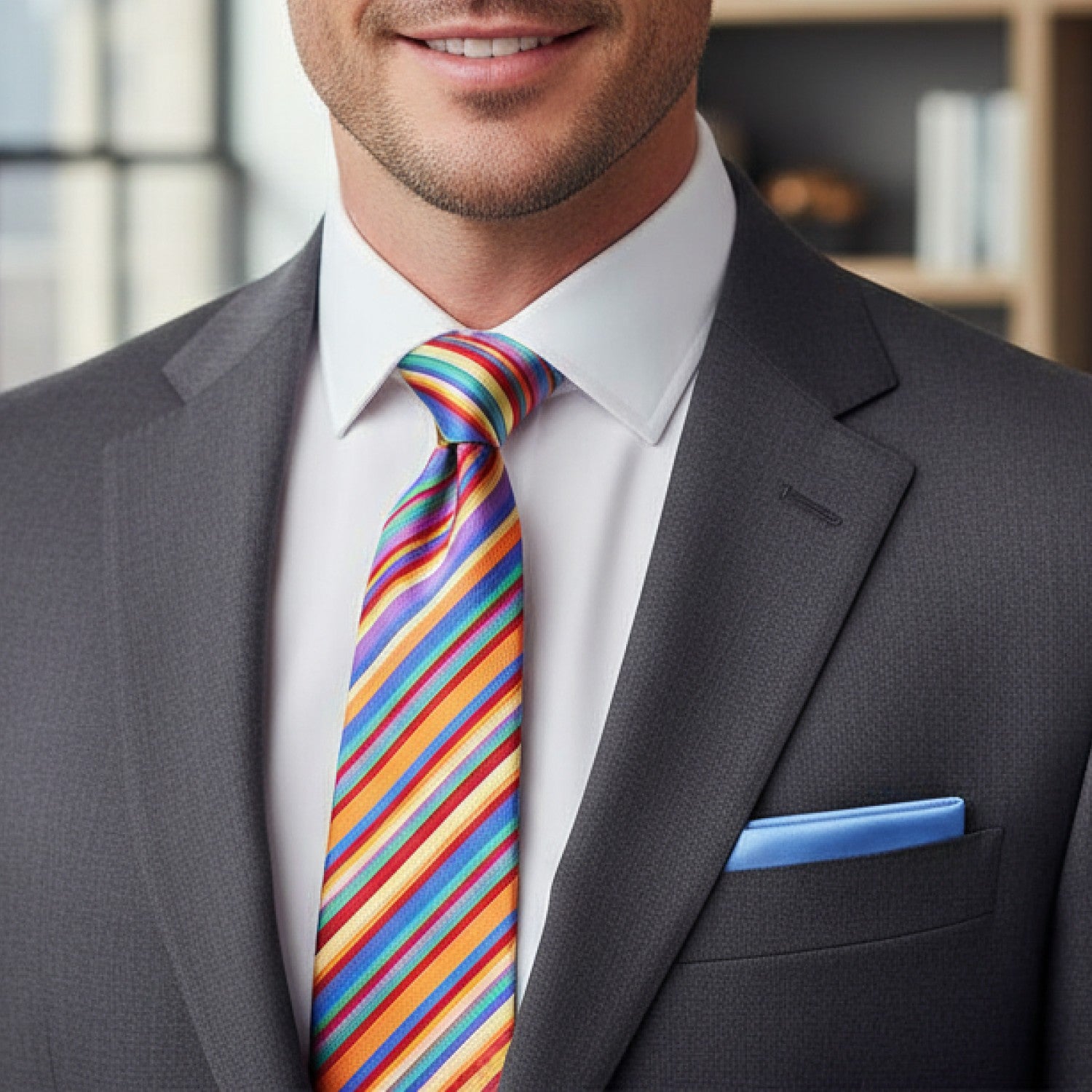 Man wearing a gray suit with a colorful striped tie and blue pocket square.