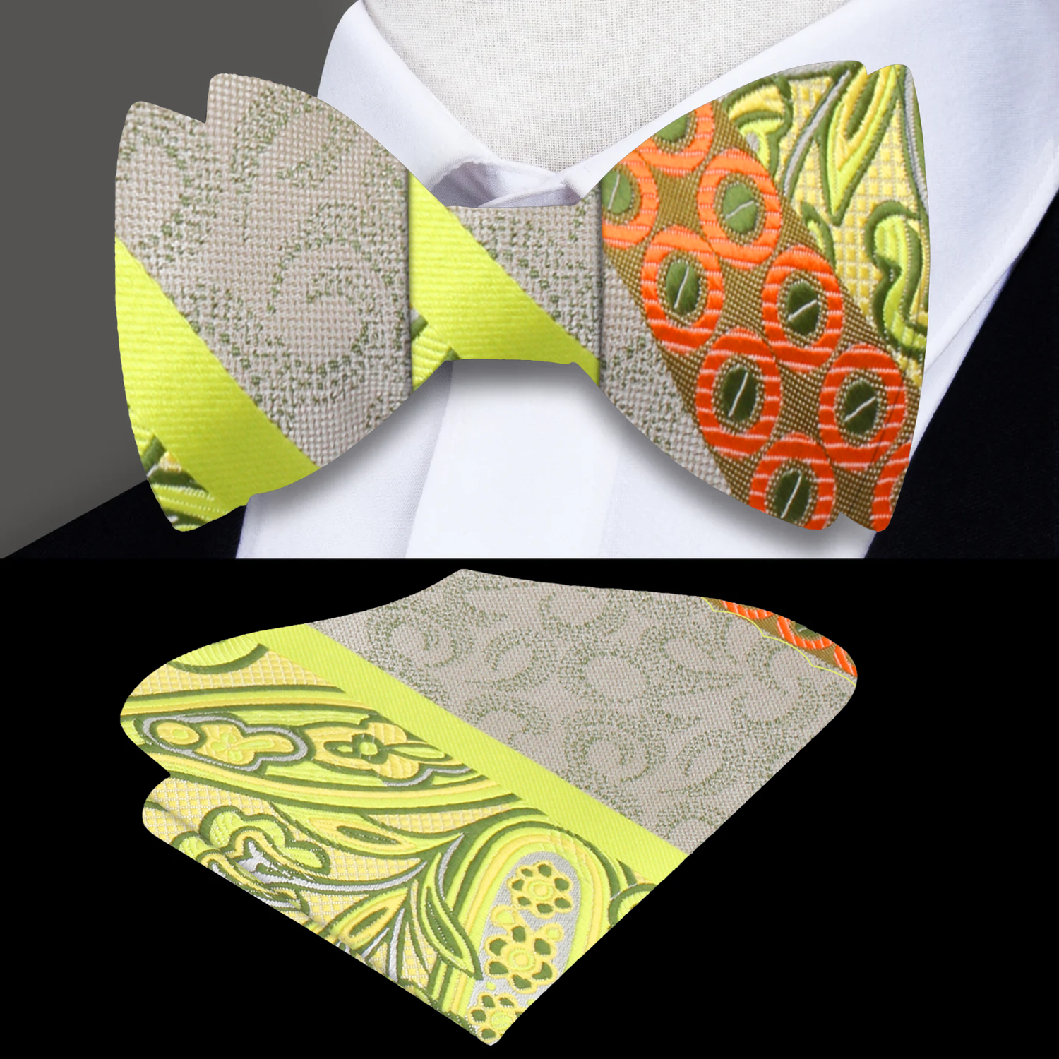 Main: A Yellow, Orange Abstract Waves, Paisley, Dot Pattern Silk Self Tie Bow Tie, With Matching Pocket Square