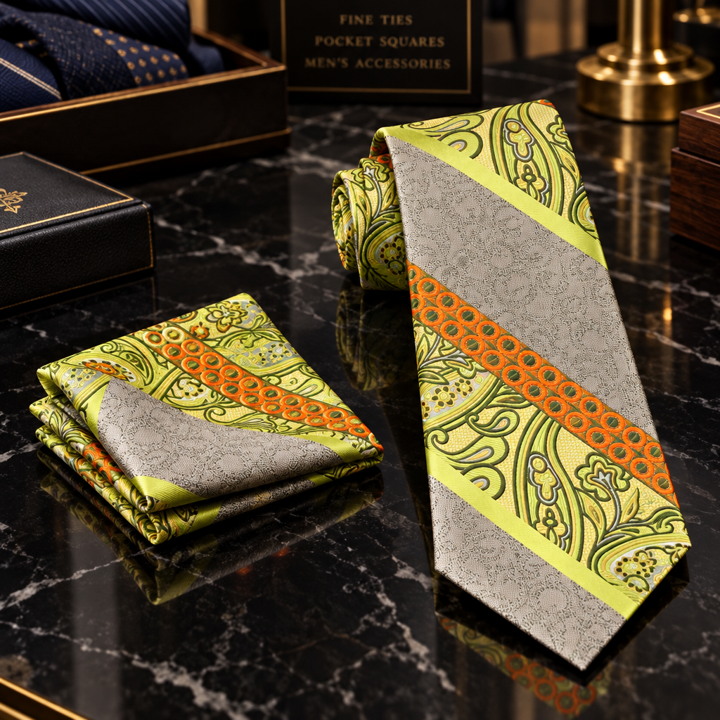Lime Green Paisley & Stripe Necktie with Orange Accents
