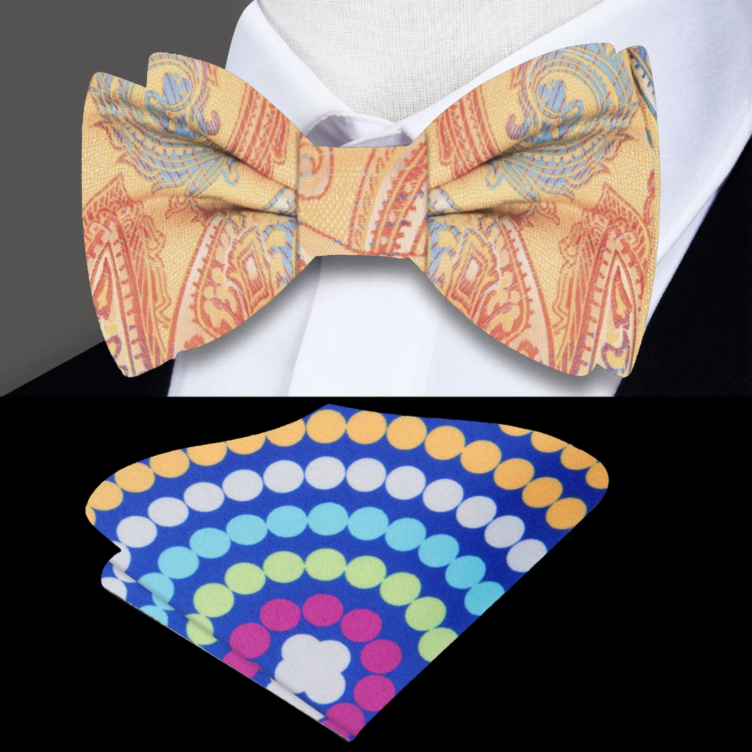 Orange, Red, Blue Paisley Bow Tie and Accenting Pocket Square