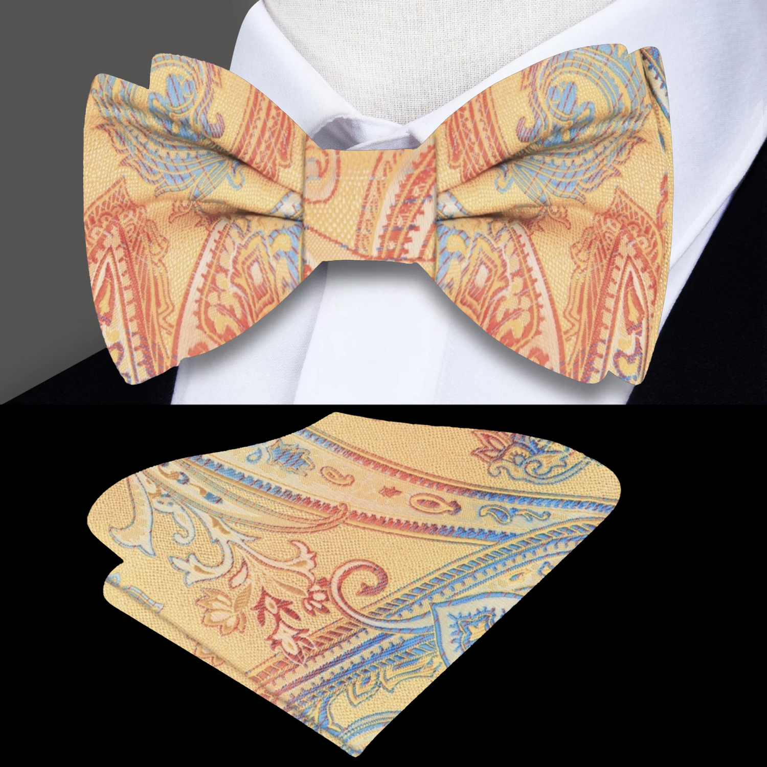Orange, Red, Blue Paisley Bow Tie and Pocket Square
